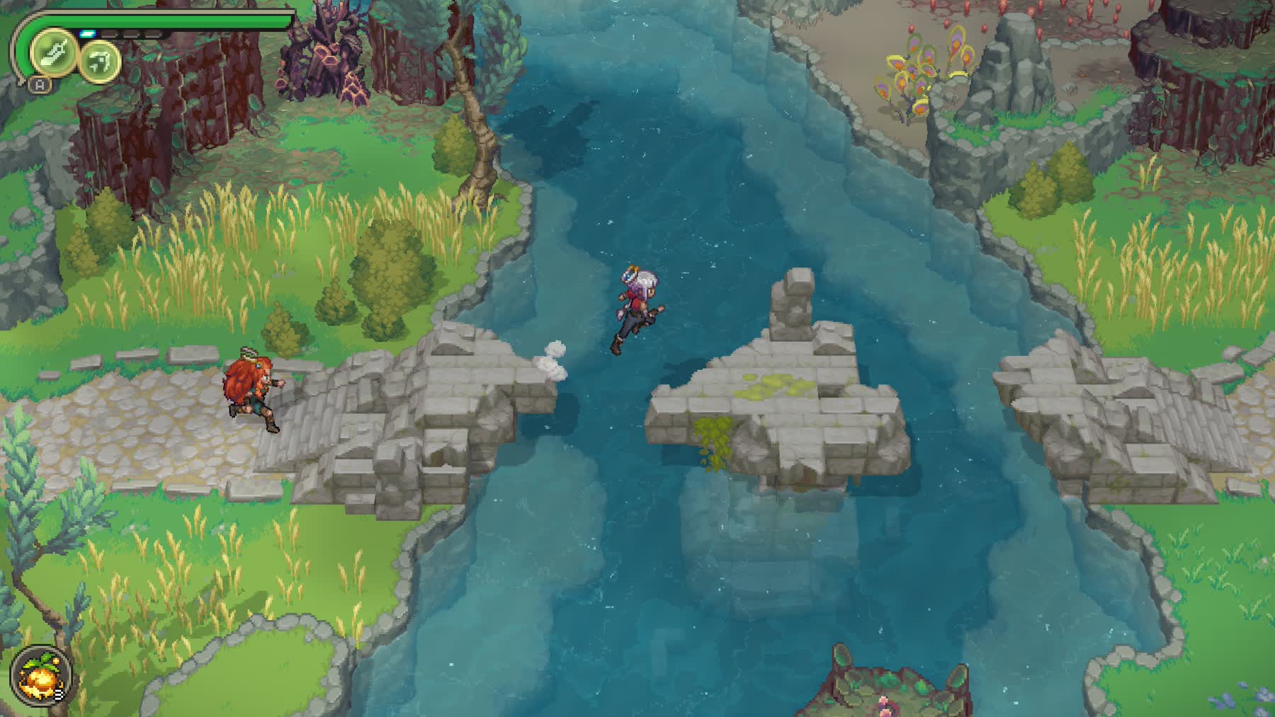 Alabaster Dawn characters explore broken stone paths over blue water