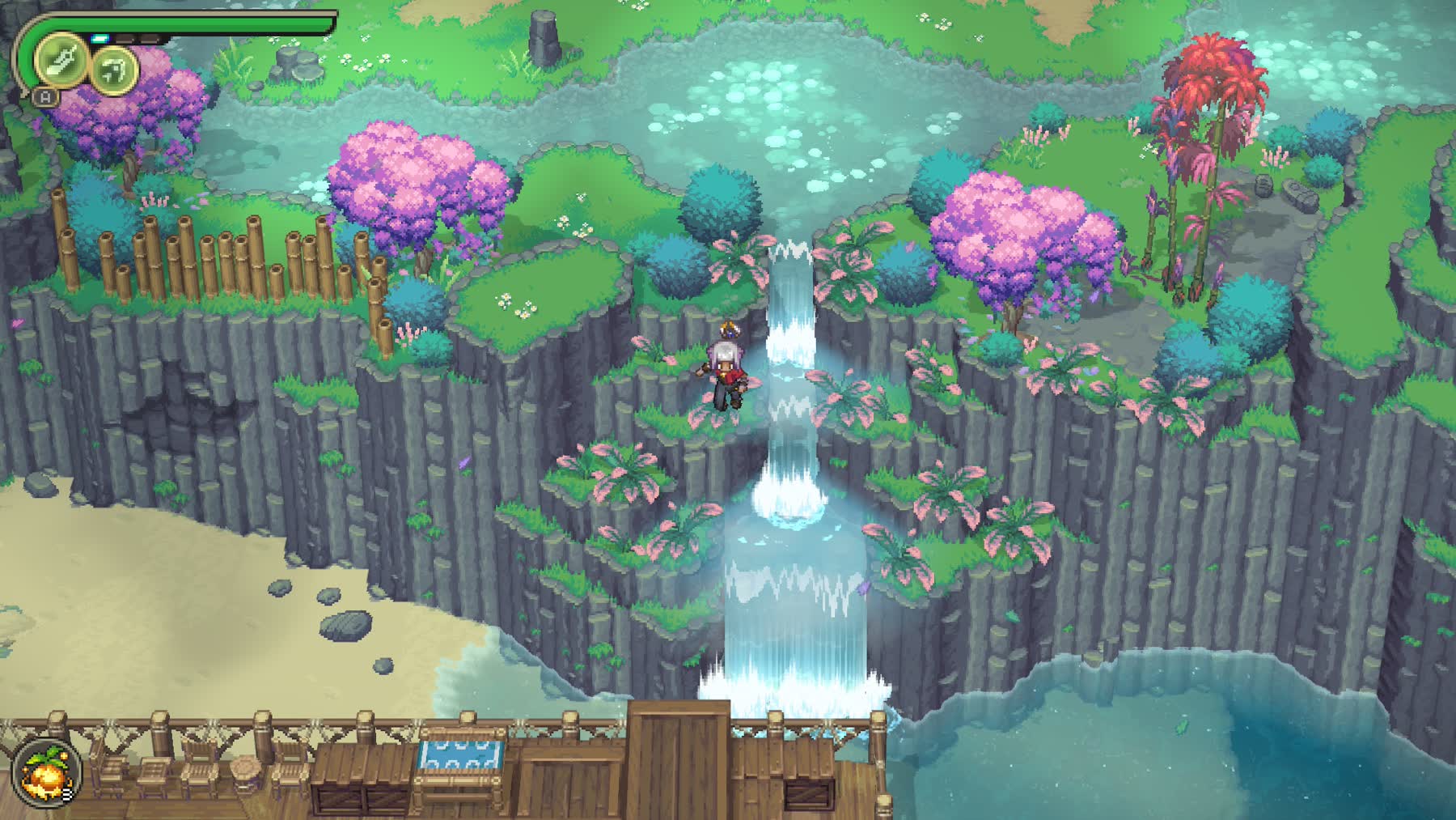 Alabaster Dawn characters travel through a bright garden with waterfalls and flowers