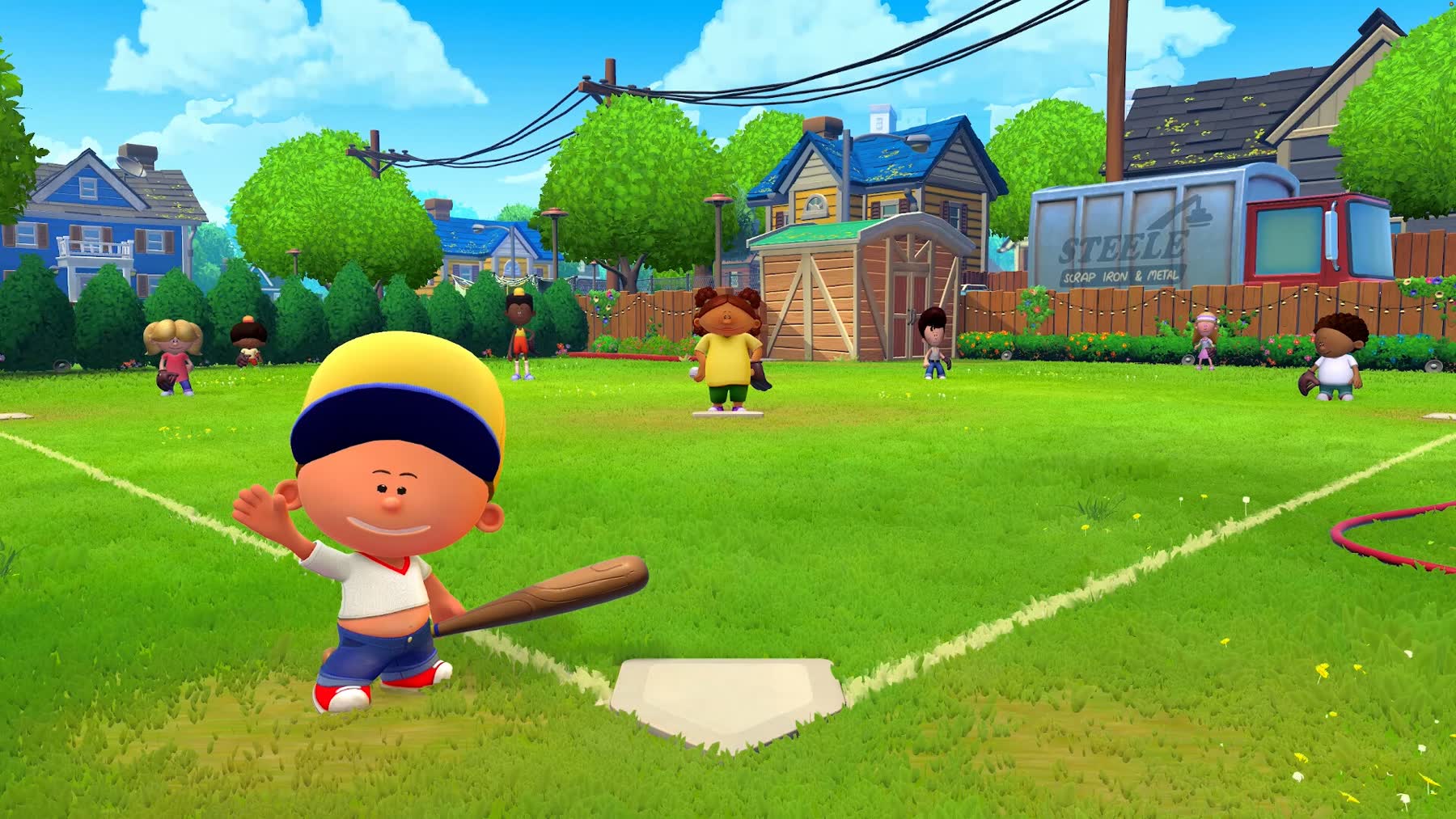 Backyard Baseball players on a colorful neighborhood field