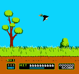A duck flies across the sky in Duck Hunt on NES.