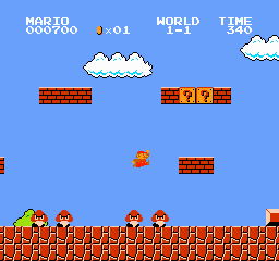 Mario runs through World 1-1 in Super Mario Bros. on NES.