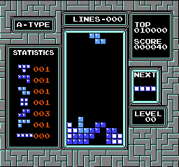 Tetris blocks fall into place in the NES version of Tetris.