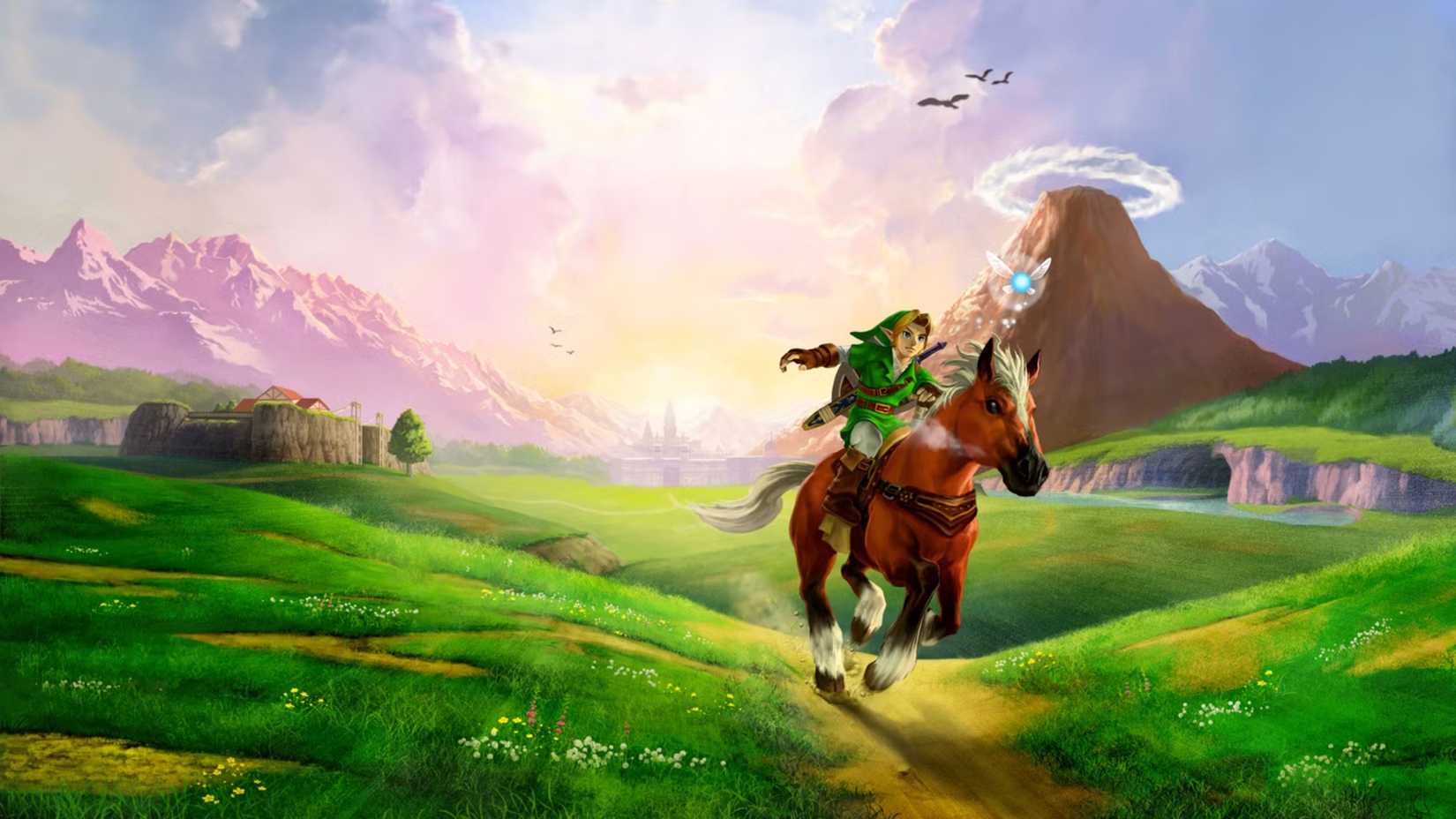 Official-style artwork for The Legend of Zelda: Ocarina of Time showing Link and Ganondorf.