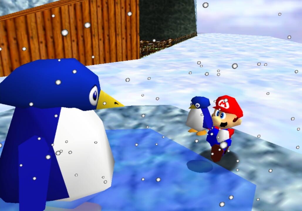 Mario runs through a bright castle area in Super Mario 64.