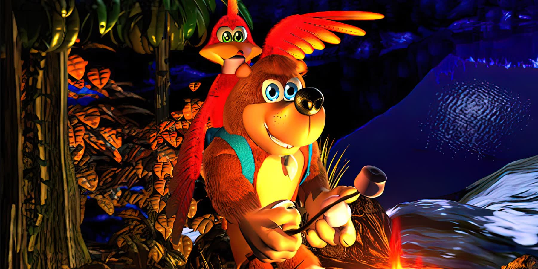 Banjo and Kazooie stand together in Rare artwork for Banjo-Kazooie.