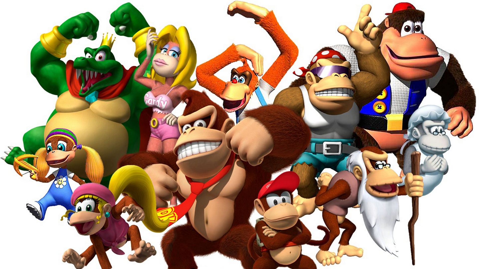 Donkey Kong and the Kong crew pose together in promotional-style Donkey Kong 64 artwork.