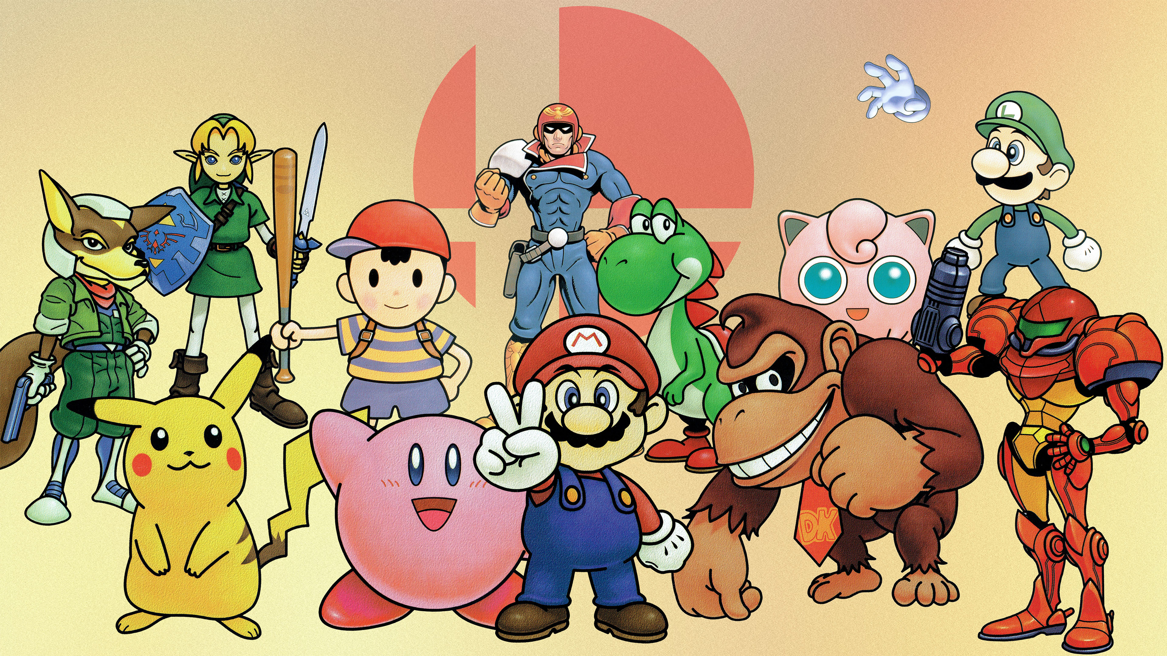 The original Super Smash Bros. cast gathers in Nintendo 64-era promotional artwork.