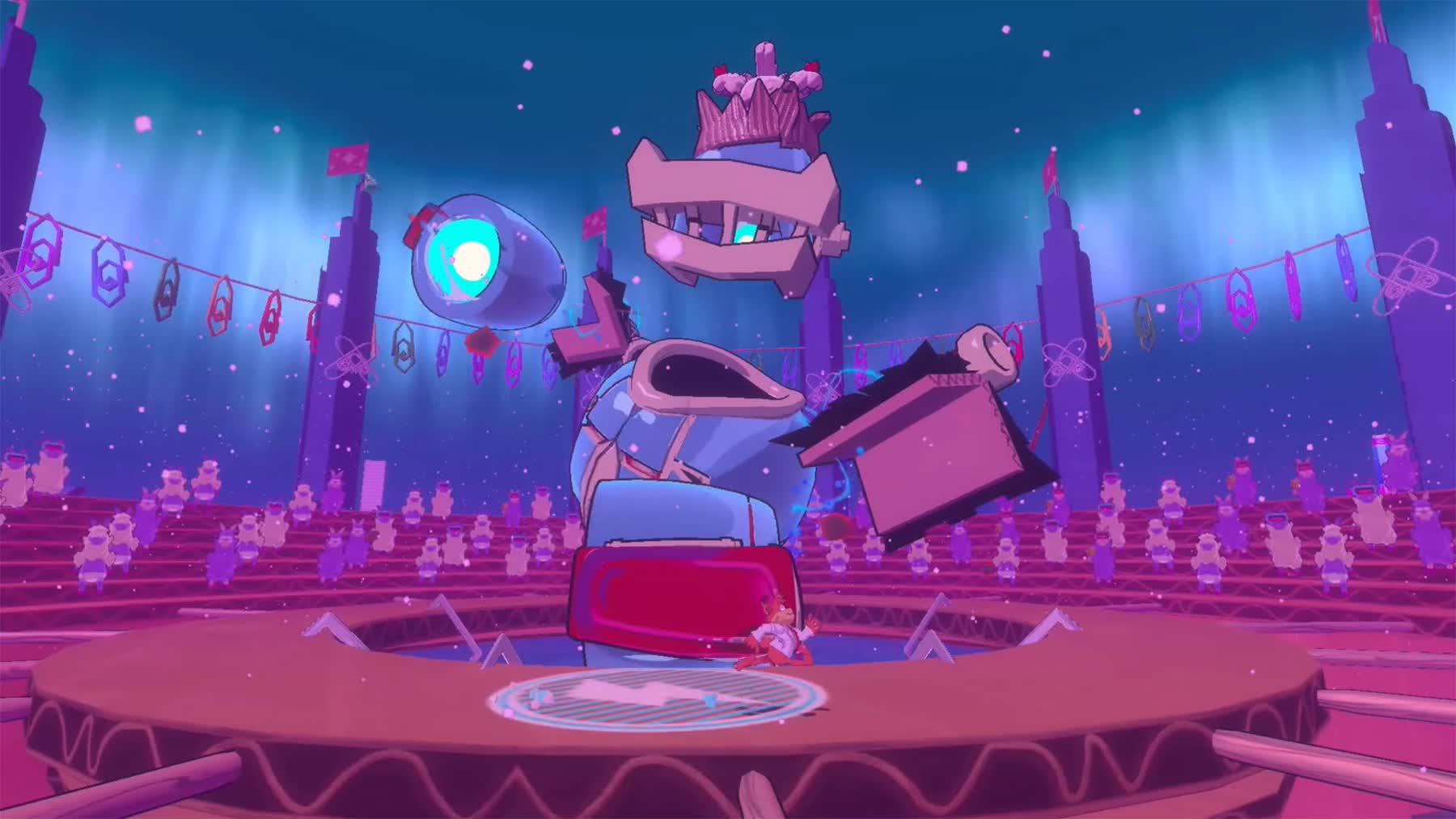 Bubsy facing a giant BaaBot enemy in Bubsy 4D