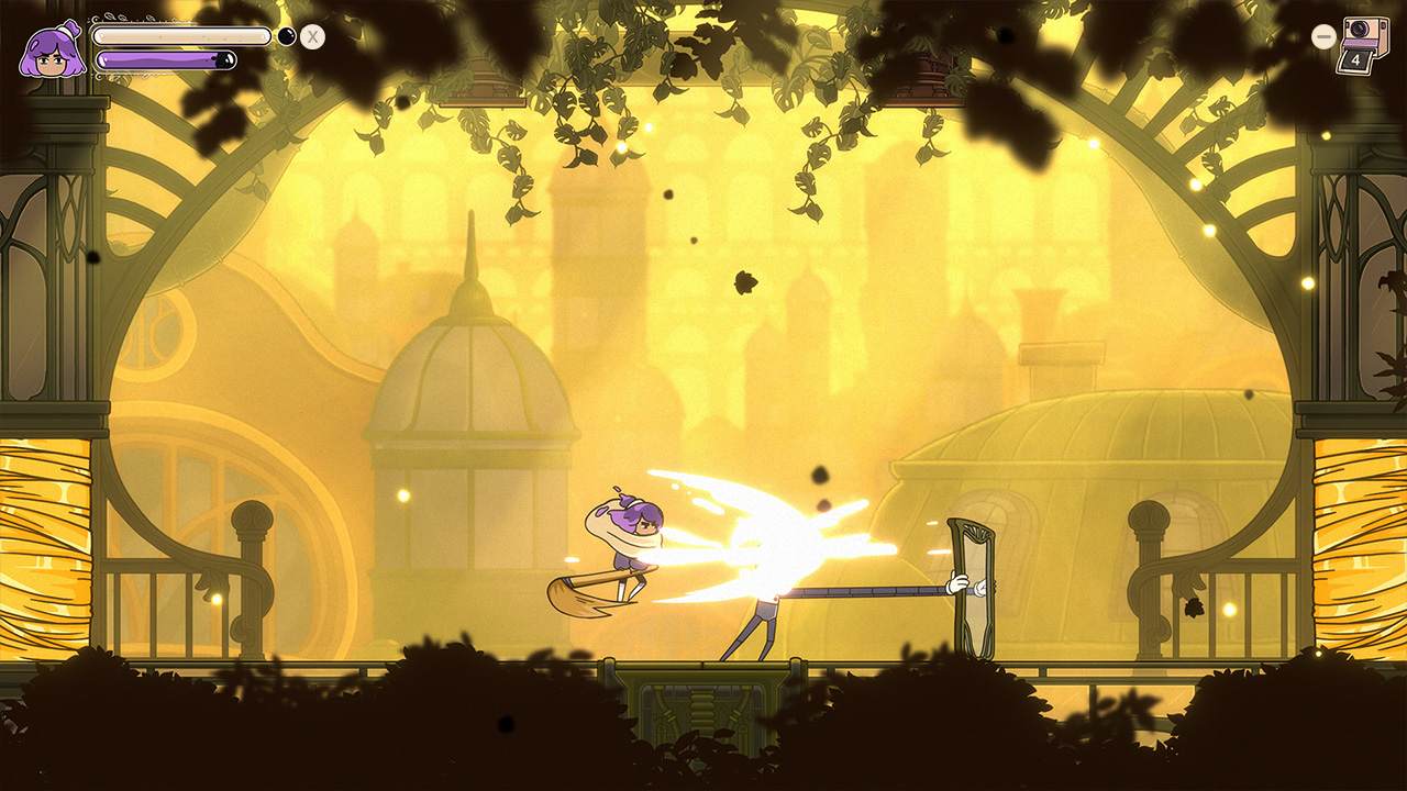 Constance using a paintbrush attack in a bright greenhouse-like area