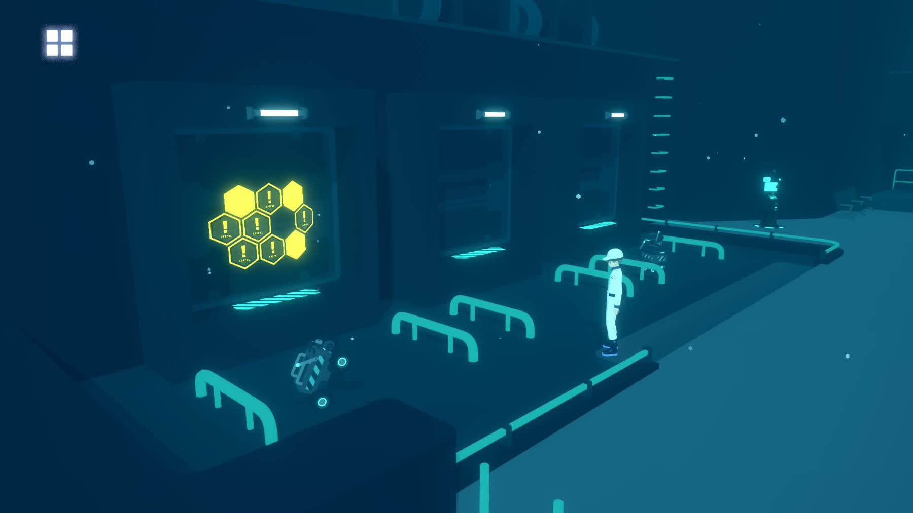 A dark puzzle area in D-topia with glowing interface symbols