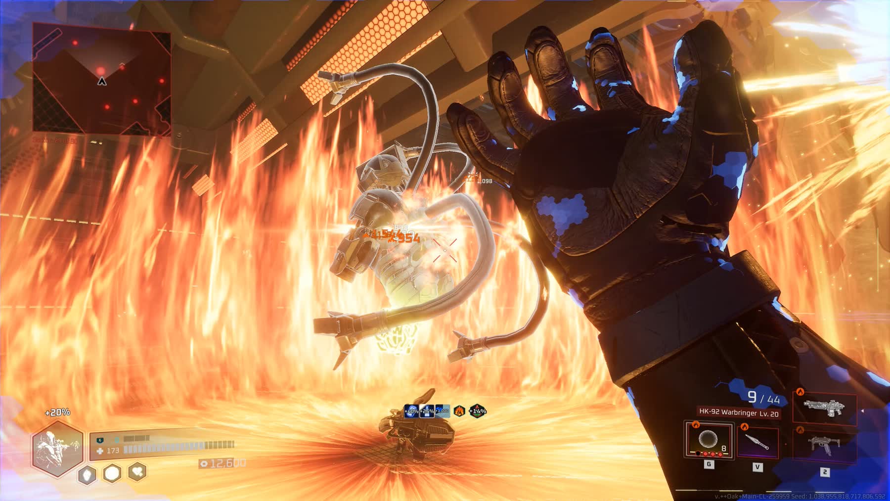 A Deadzone Rogue 2 first-person combat scene with the player firing at biomechanical enemies