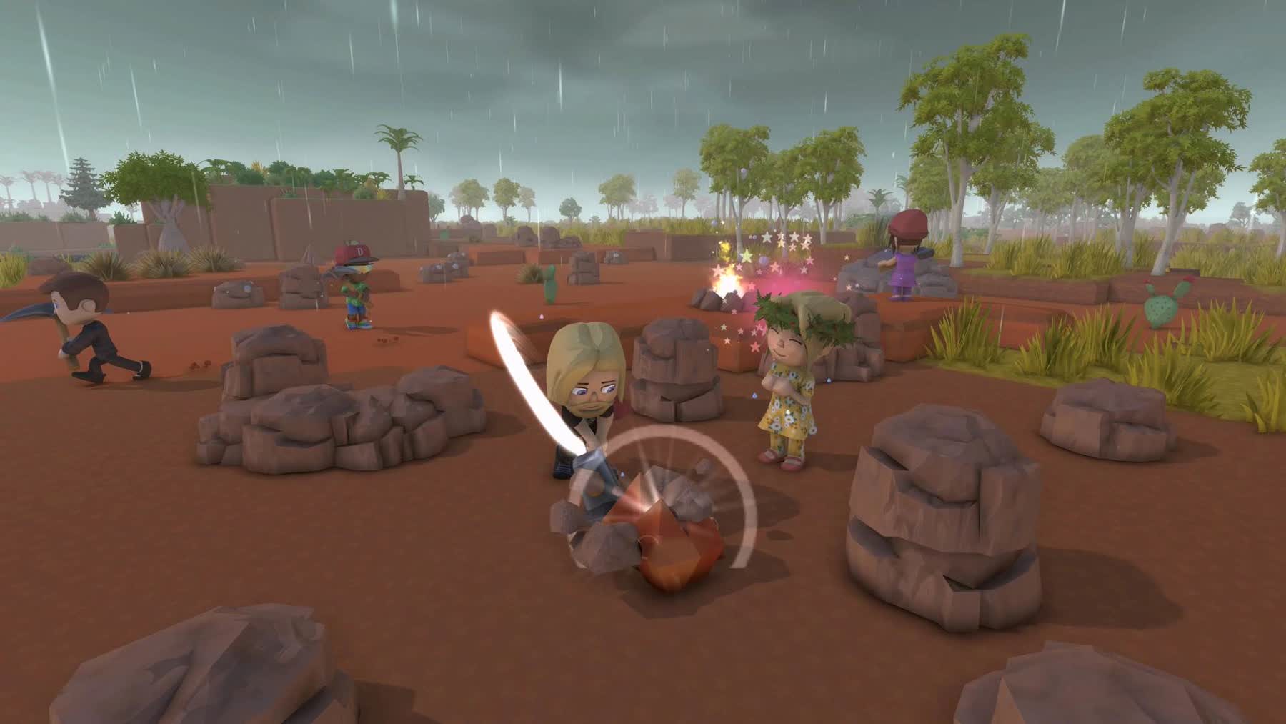 Dinkum characters mining rocks in a rainy red-dirt landscape