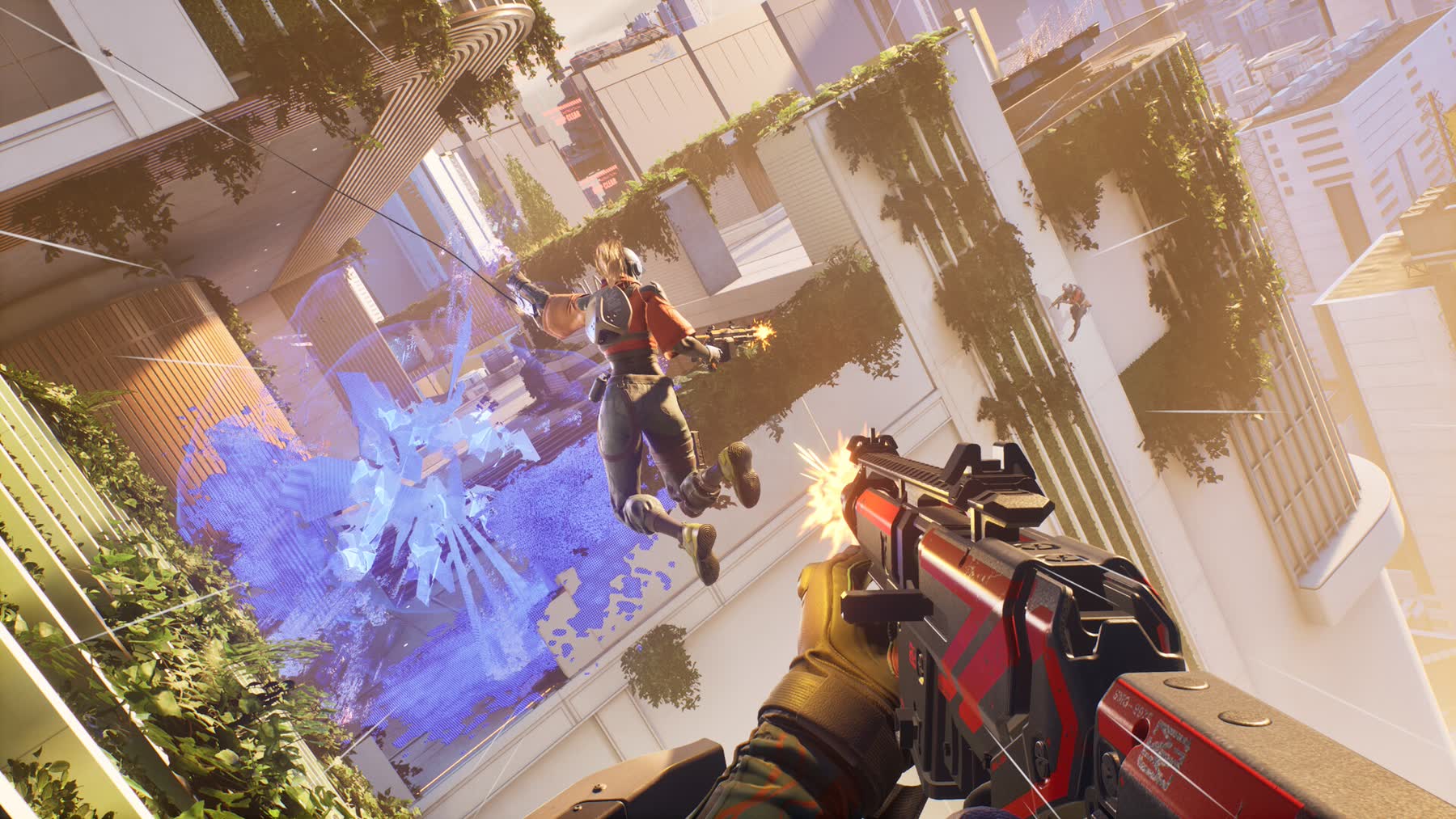 An EMPULSE player aims across a bright urban arena during a match