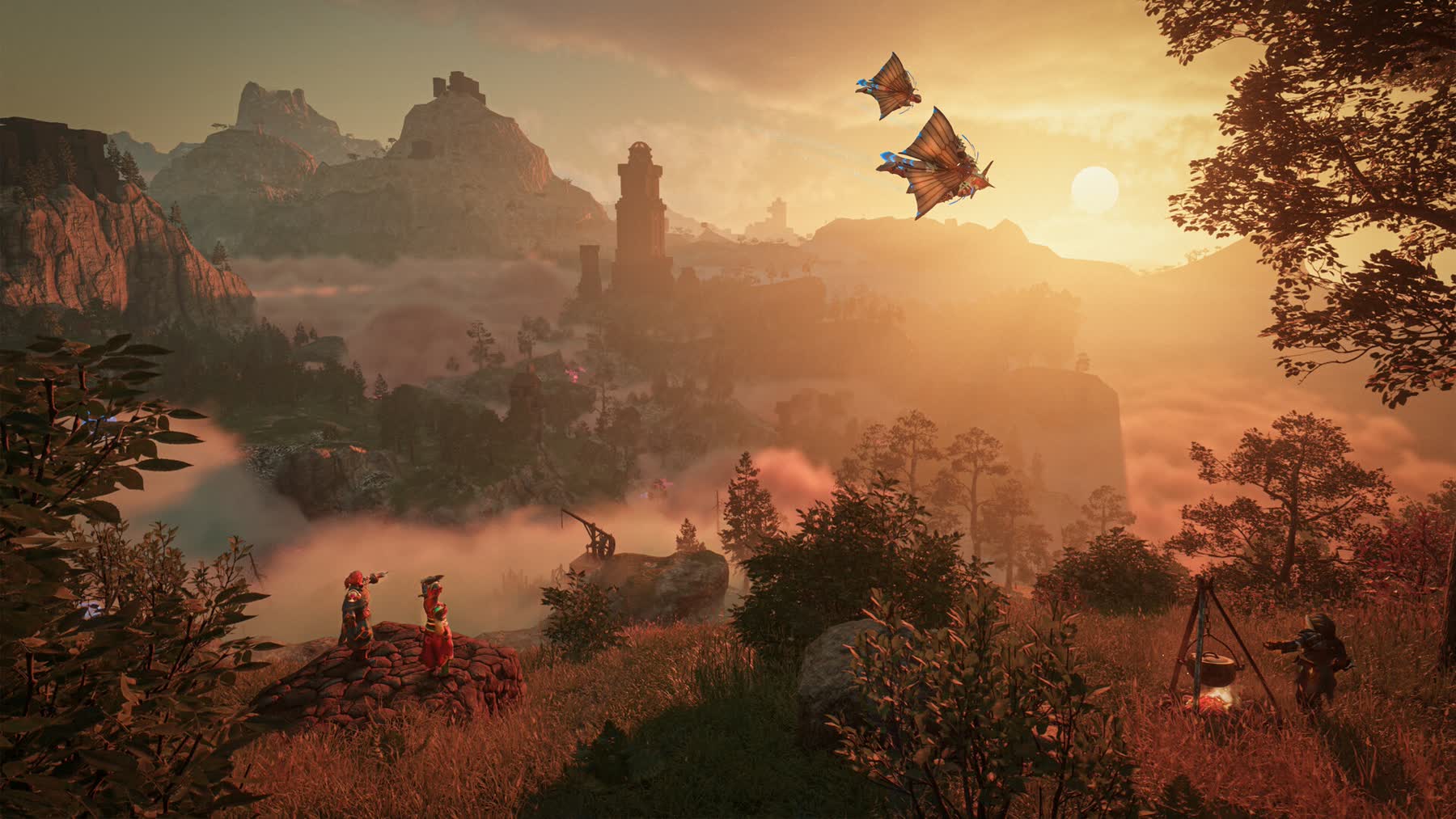 A player character looks over a settlement in Enshrouded.