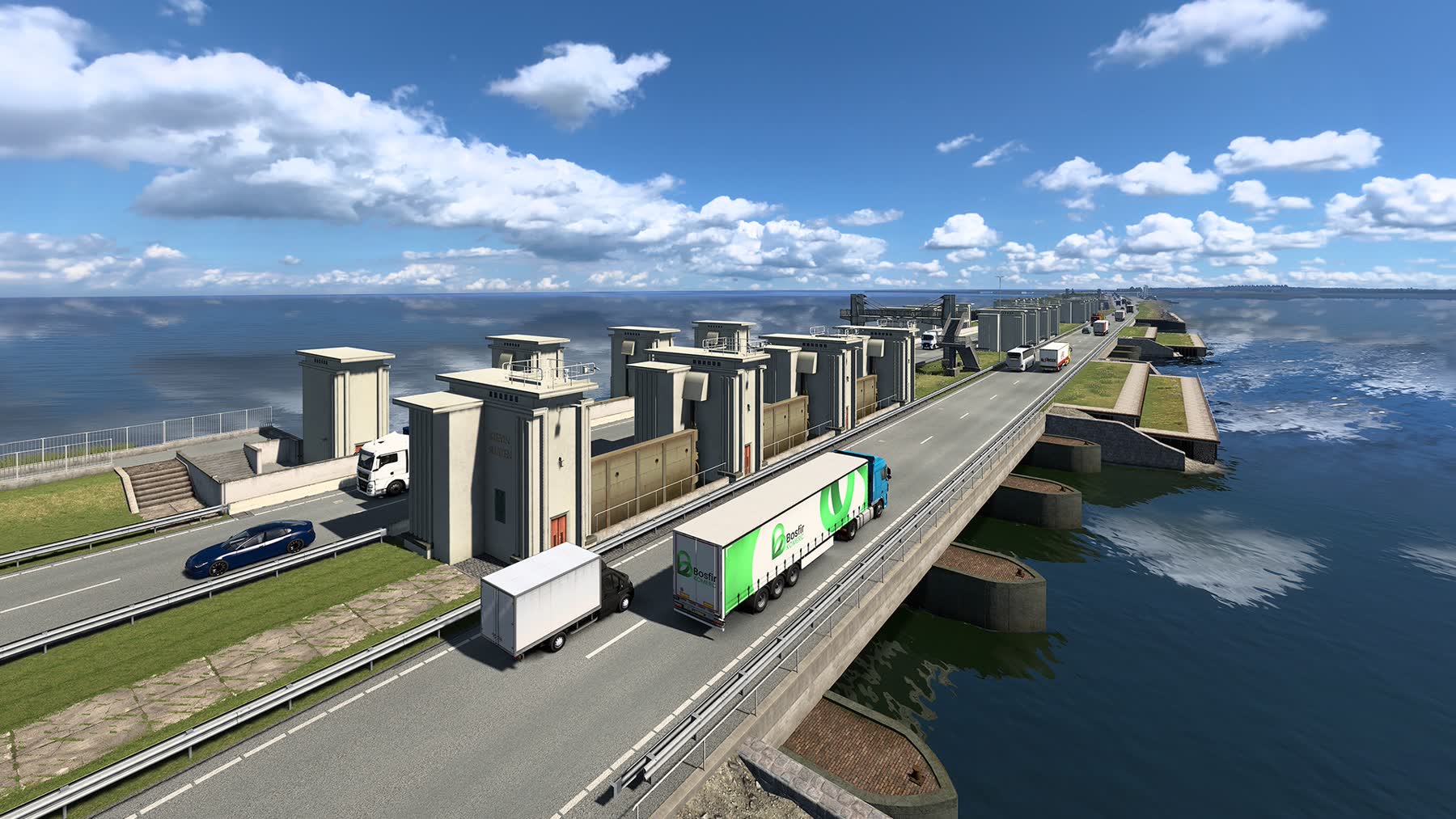 A truck approaches a rebuilt Benelux city in Euro Truck Simulator 2