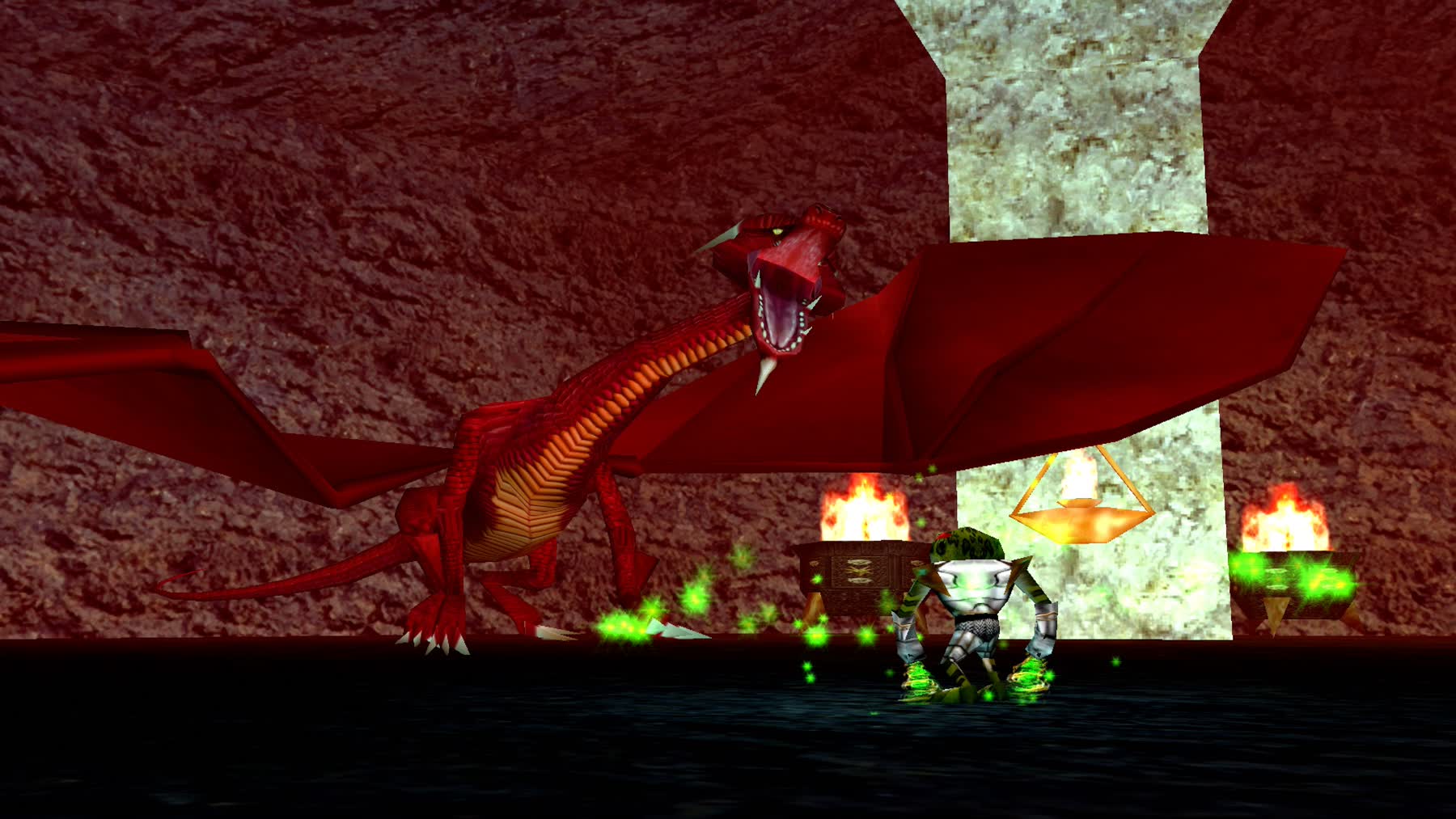 A character faces a red dragon in EverQuest Legends