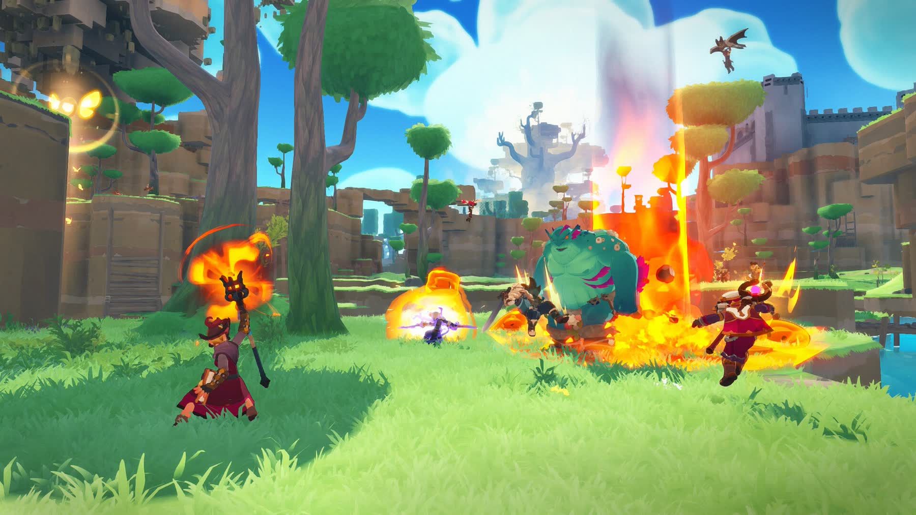Adventurers explore a bright fantasy landscape in Farever