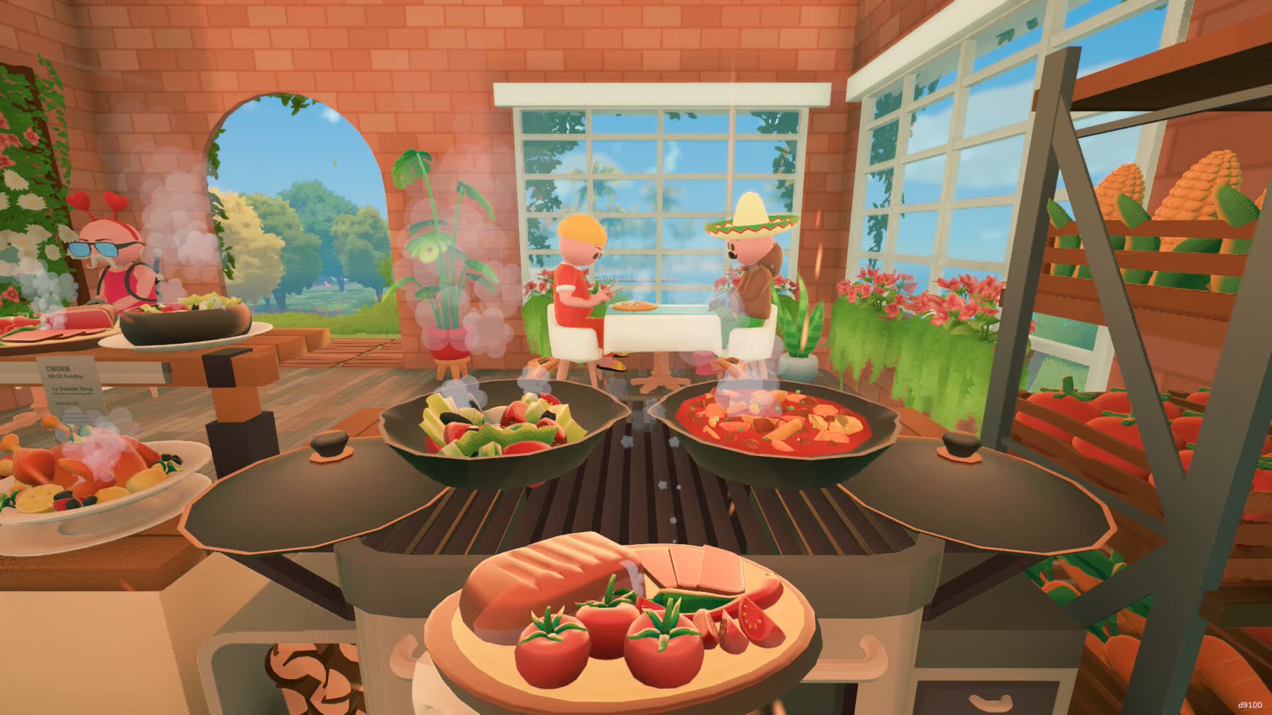 A player character stands outside a farm and restaurant area in Farm to Table