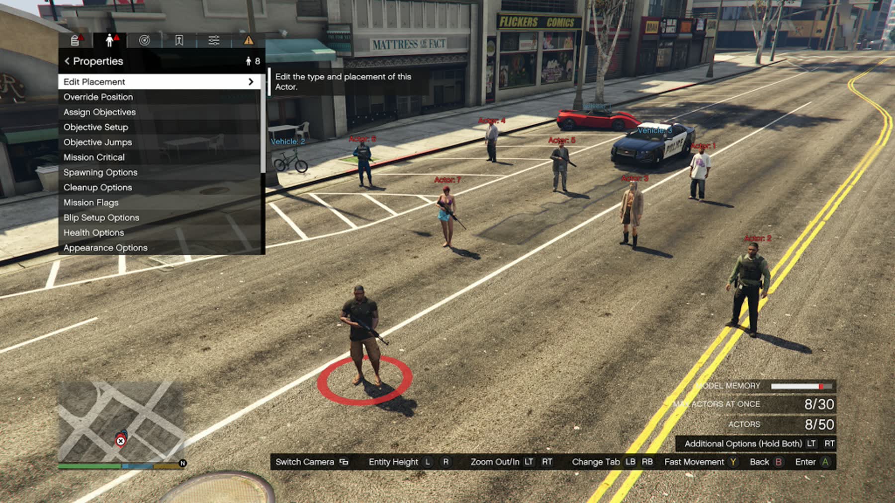 The GTA Online Mission Creator interface showing actors placed on a Los Santos street