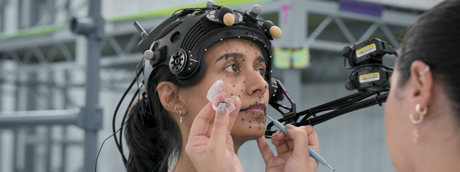 Rahul Kohli wearing performance capture gear during Saros production