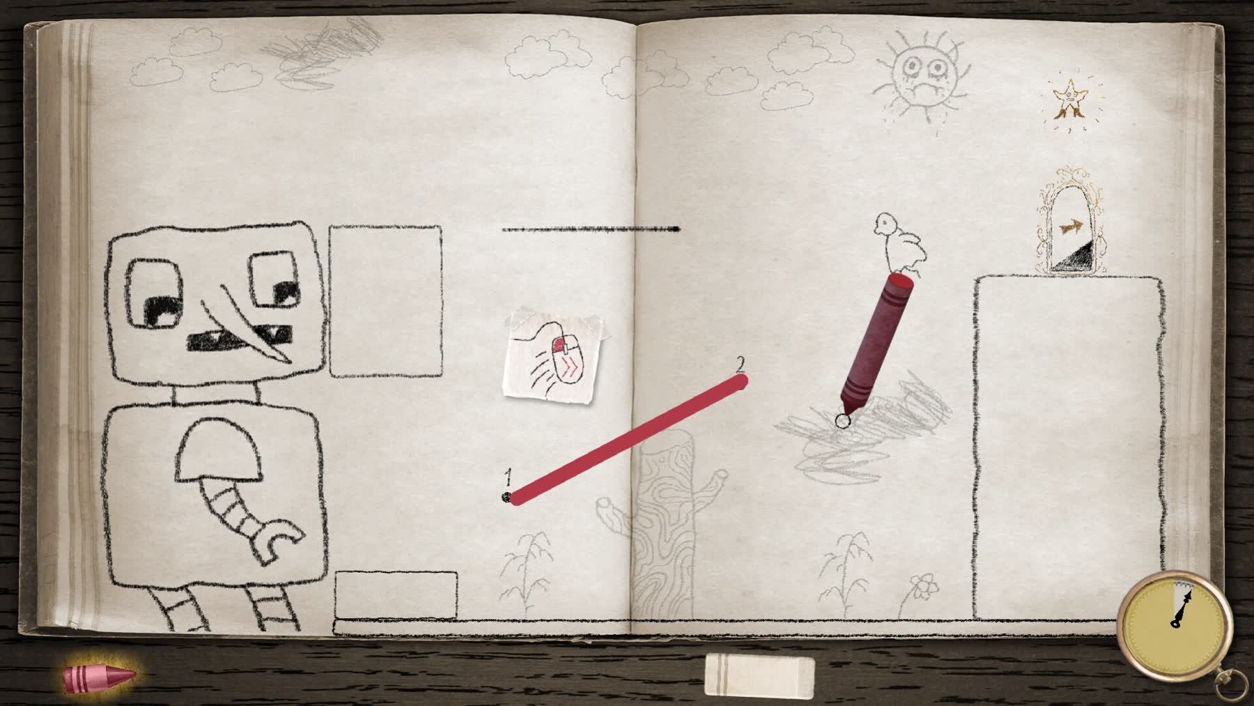 Linebound shows one player drawing platforms for another inside a sketchbook