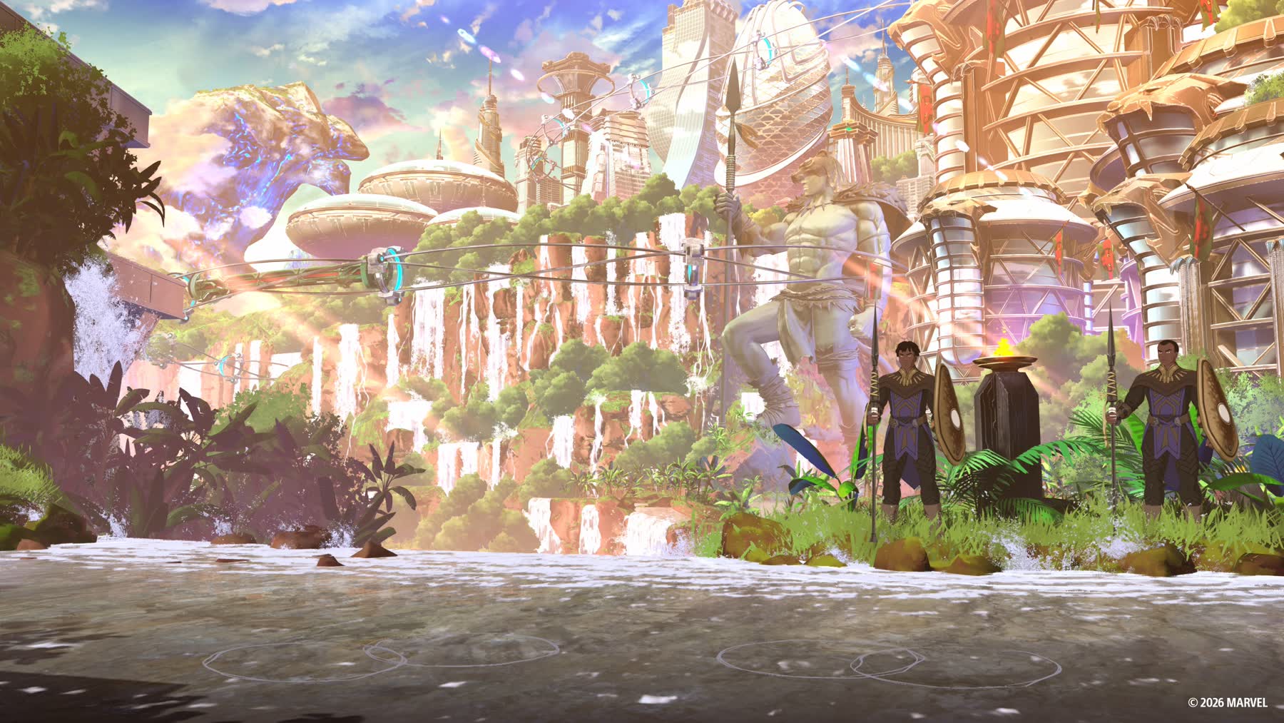 A futuristic Wakandan city and spear-holding statue in Marvel Tōkon: Fighting Souls