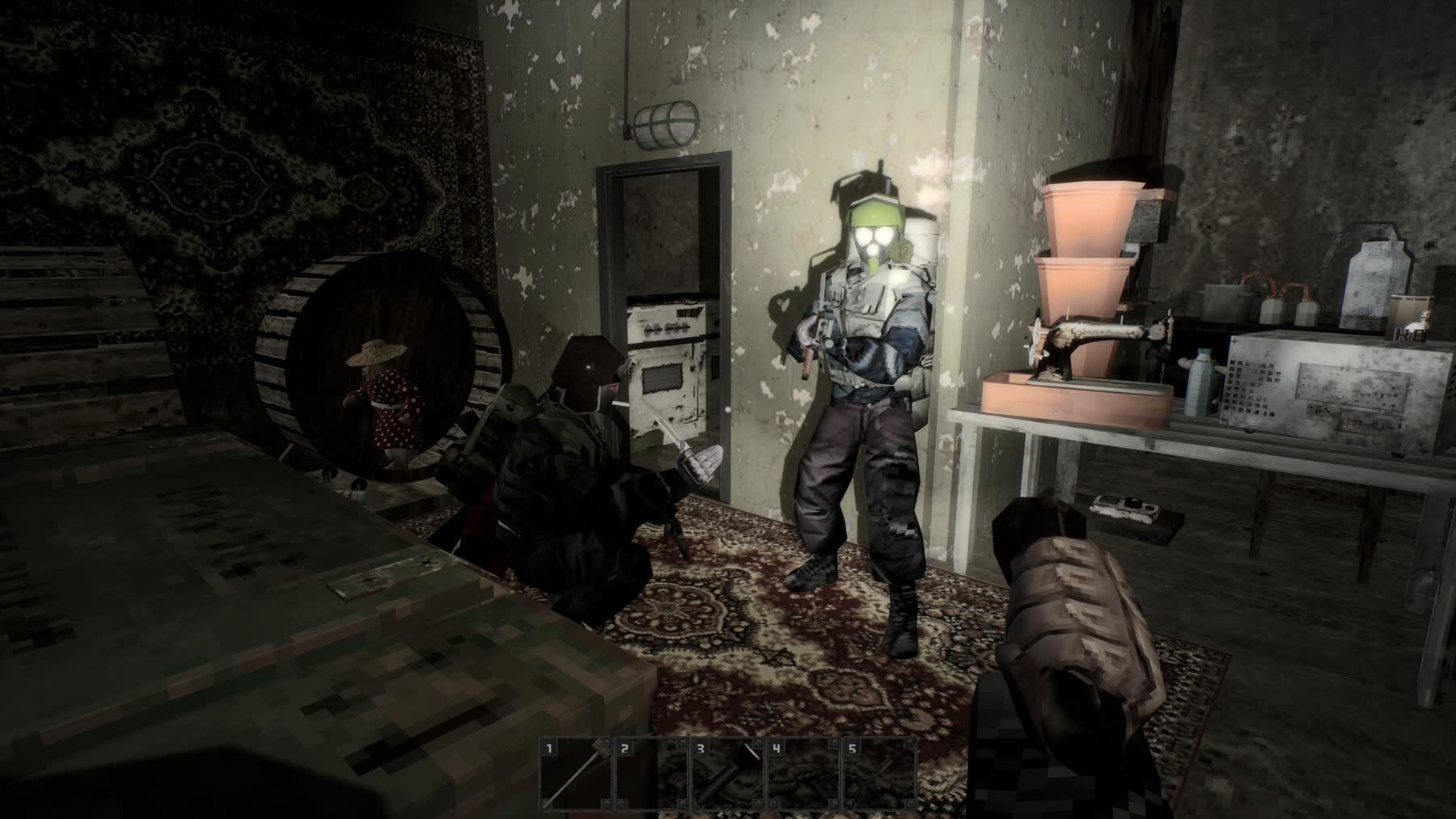 MISERY players inside a bunker-like shelter