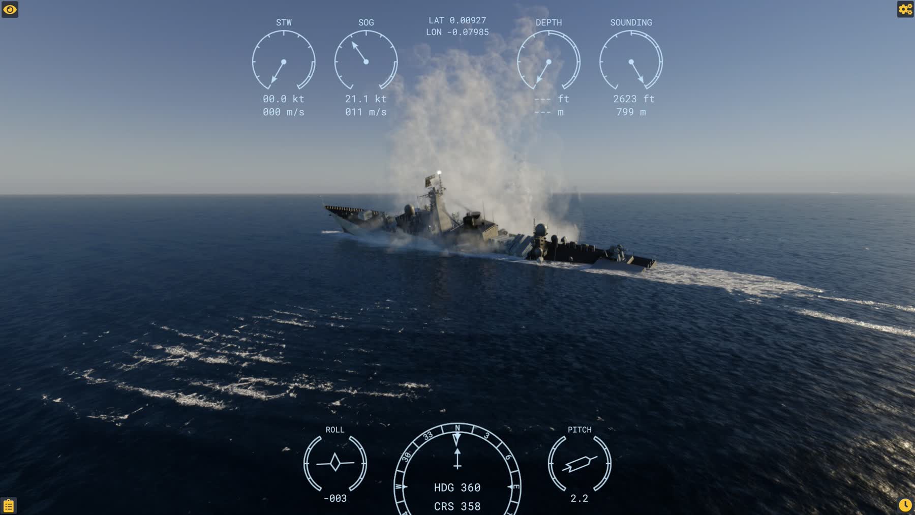 A damaged warship seen through Modern Naval Warfare's simulation interface