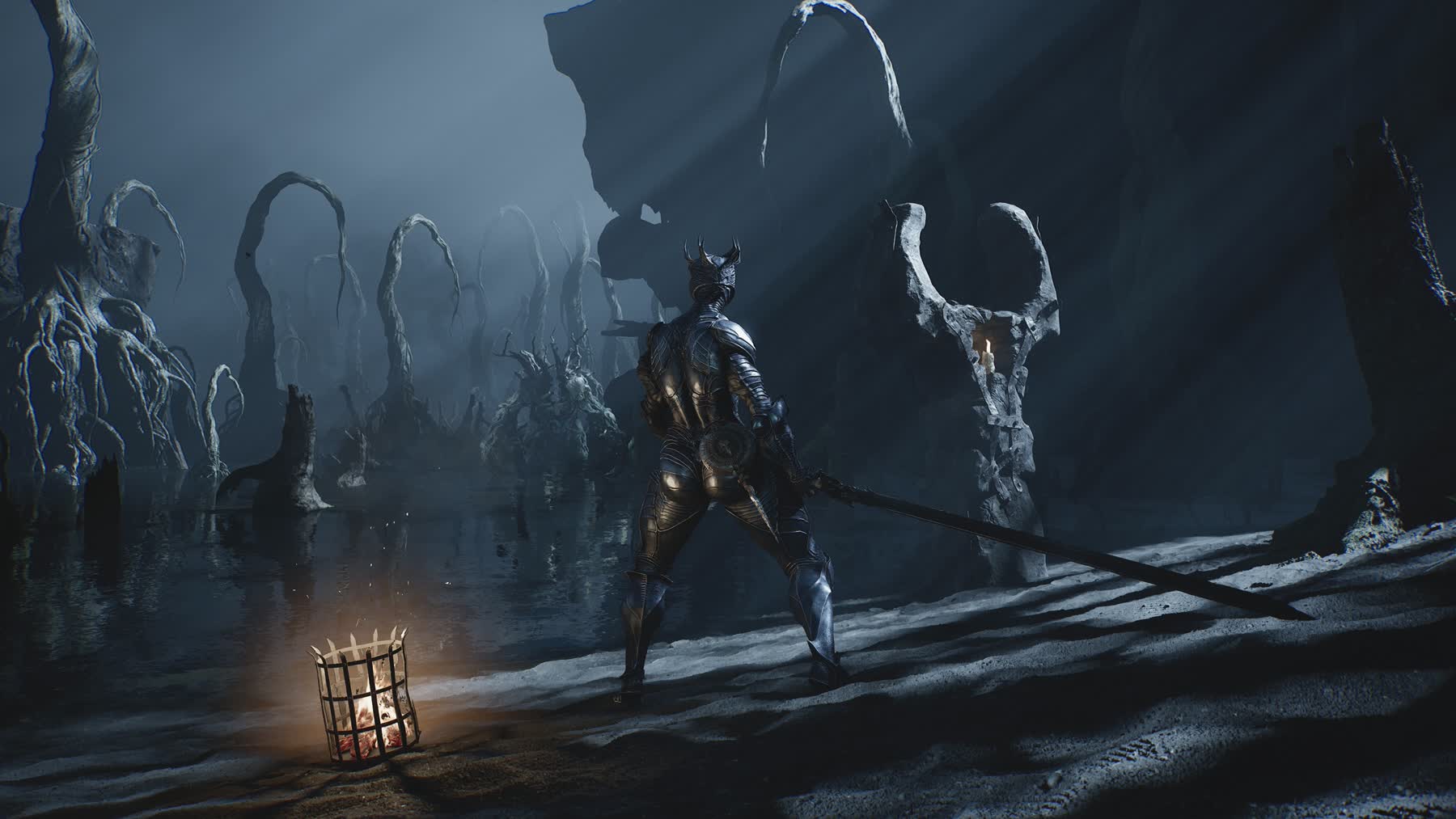 A Mortal Shell II warrior faces a towering enemy in a dark arena