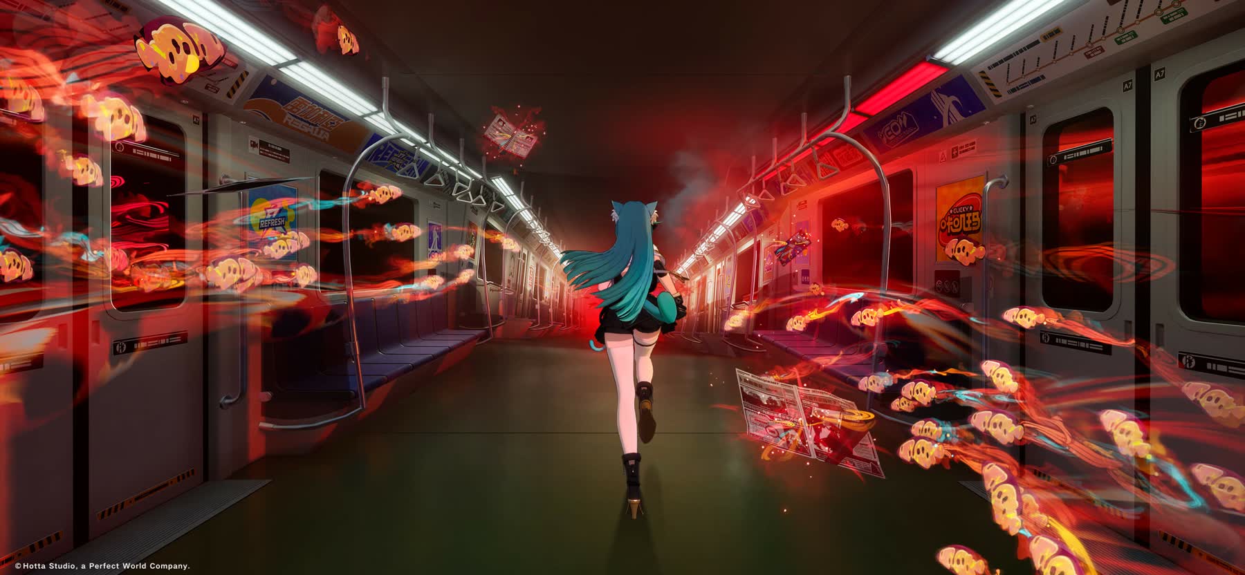 A character running through a red-lit subway car in Neverness to Everness