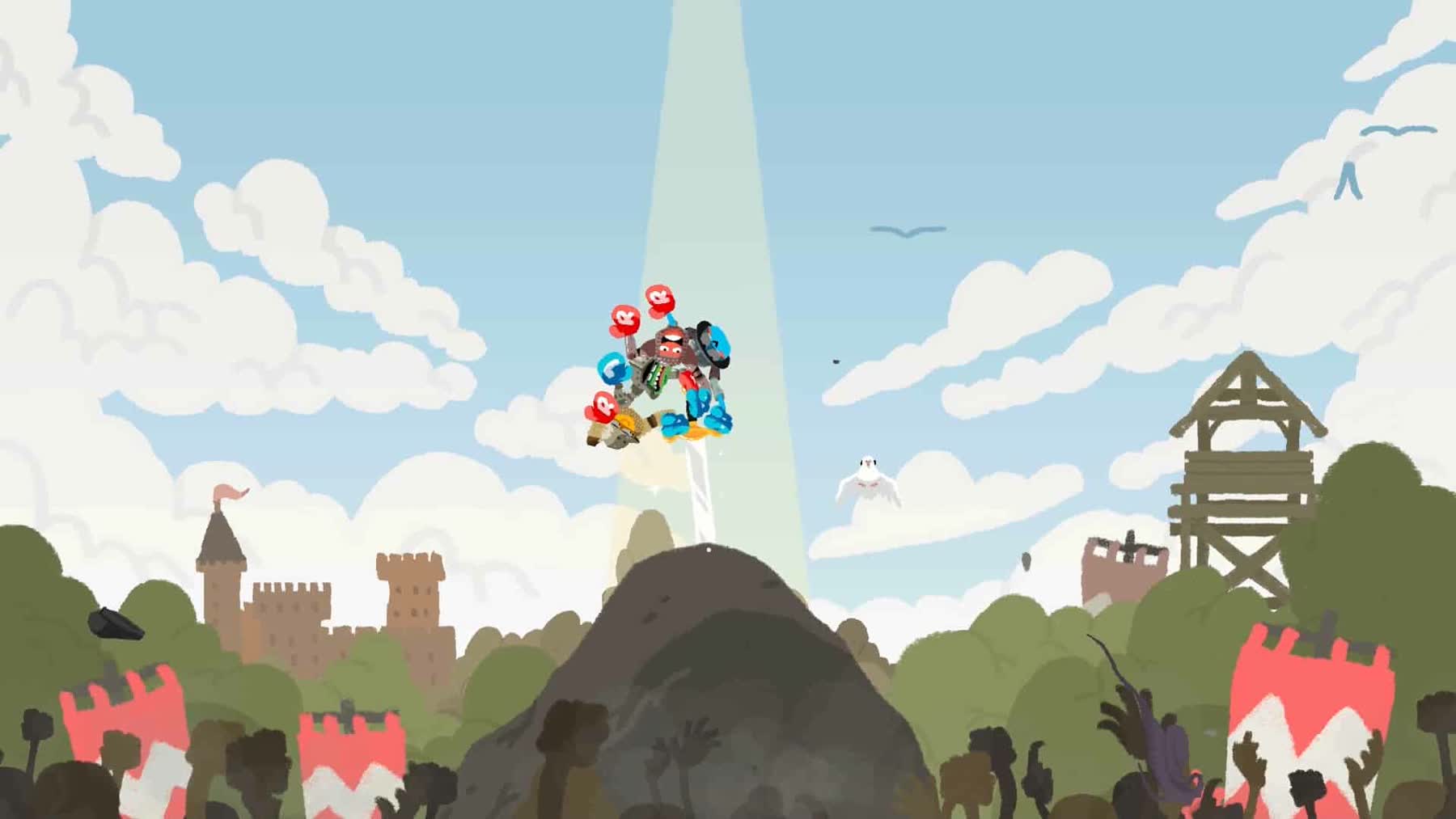 Heave Ho 2 characters swing across a colourful co-op level
