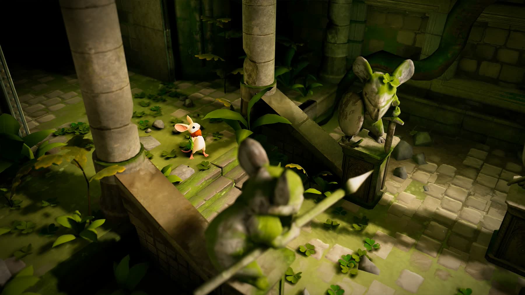 Quill explores a storybook ruin in Moss The Forgotten Relic