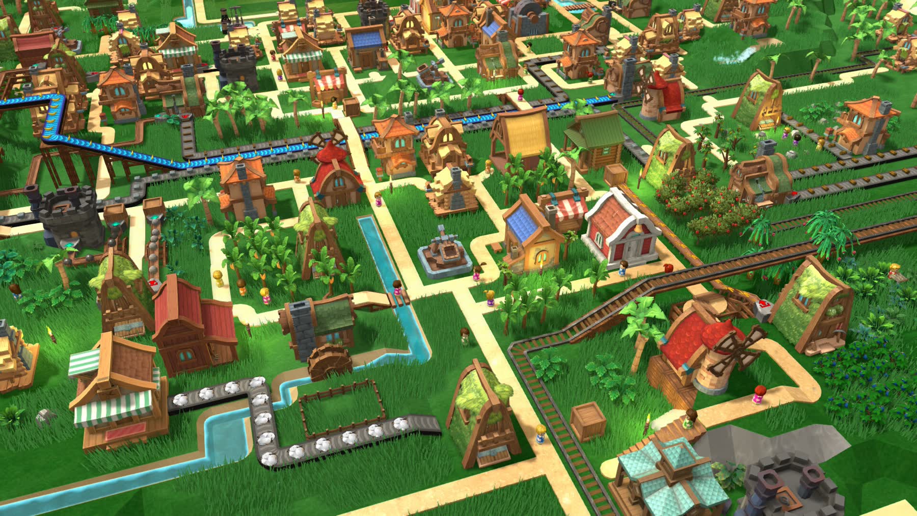 A tropical automated town with conveyors and production buildings in Factory Town 2 Paradise