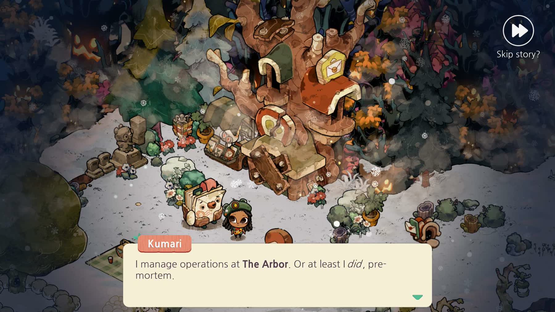 A Spirit Scout campsite surrounded by ghostly bears in Cozy Grove Camp Spirit