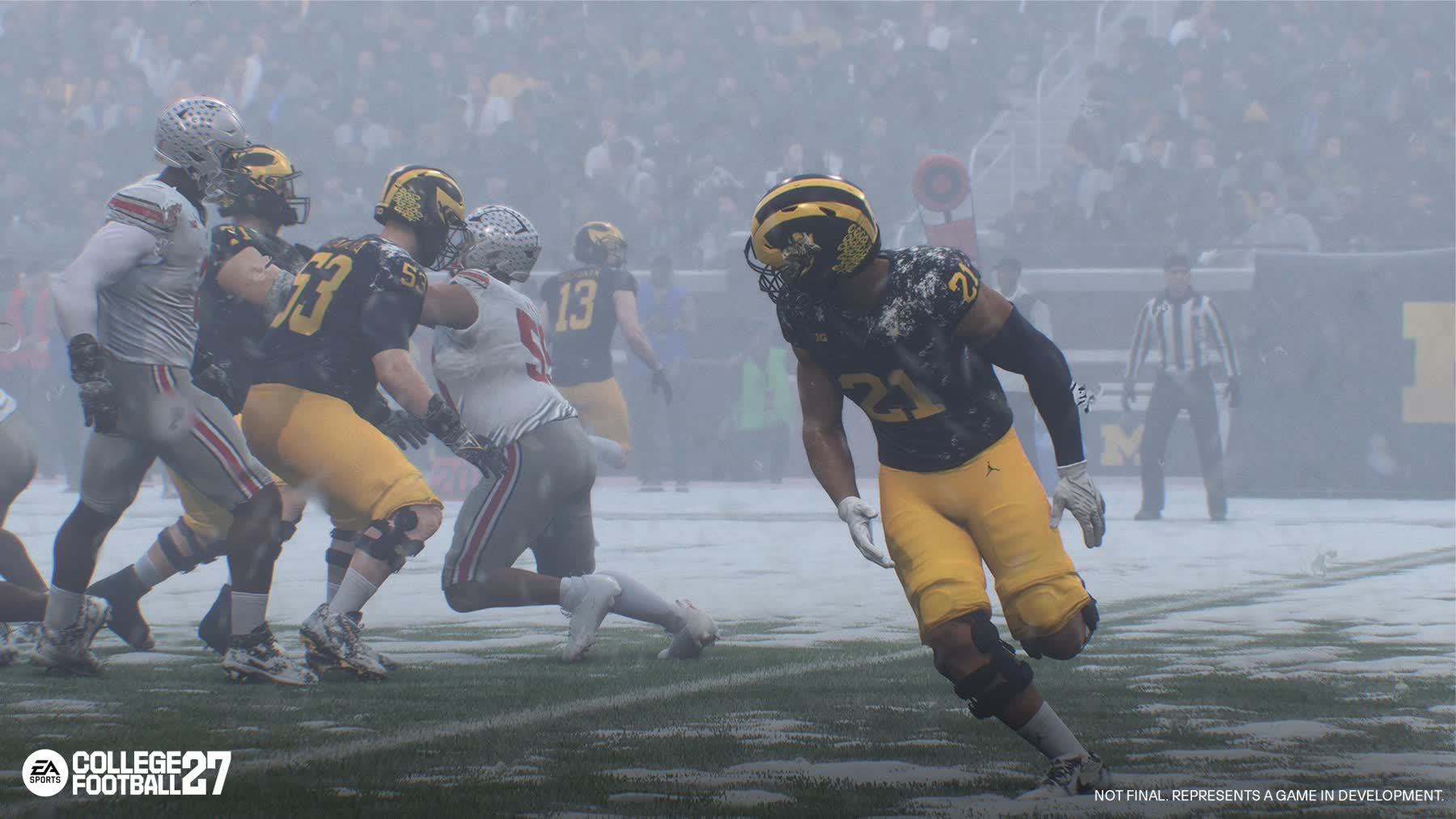 A snowy college football game scene in EA Sports College Football 27