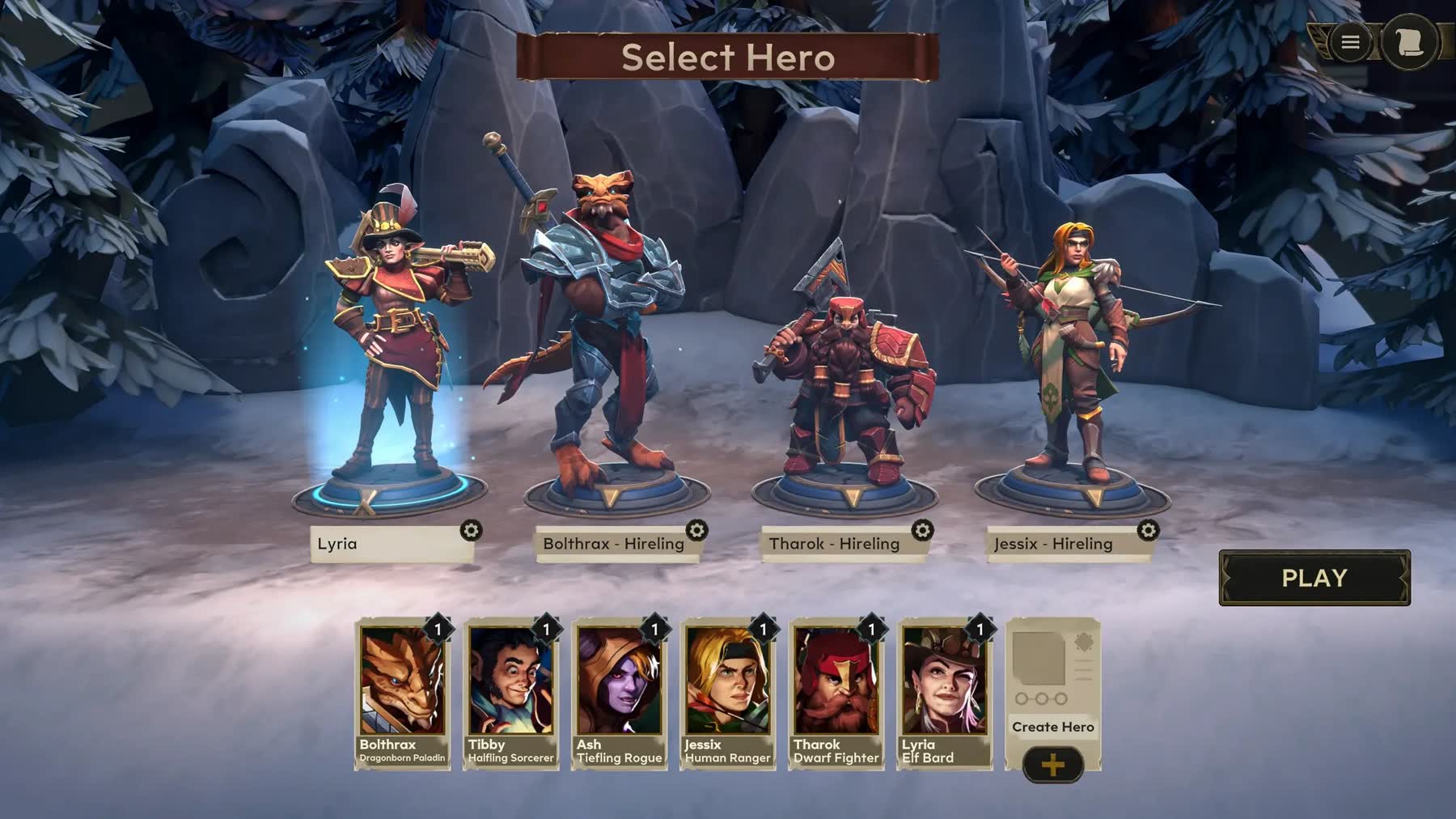 A party selection screen with Dungeons and Dragons heroes in Battlemarked