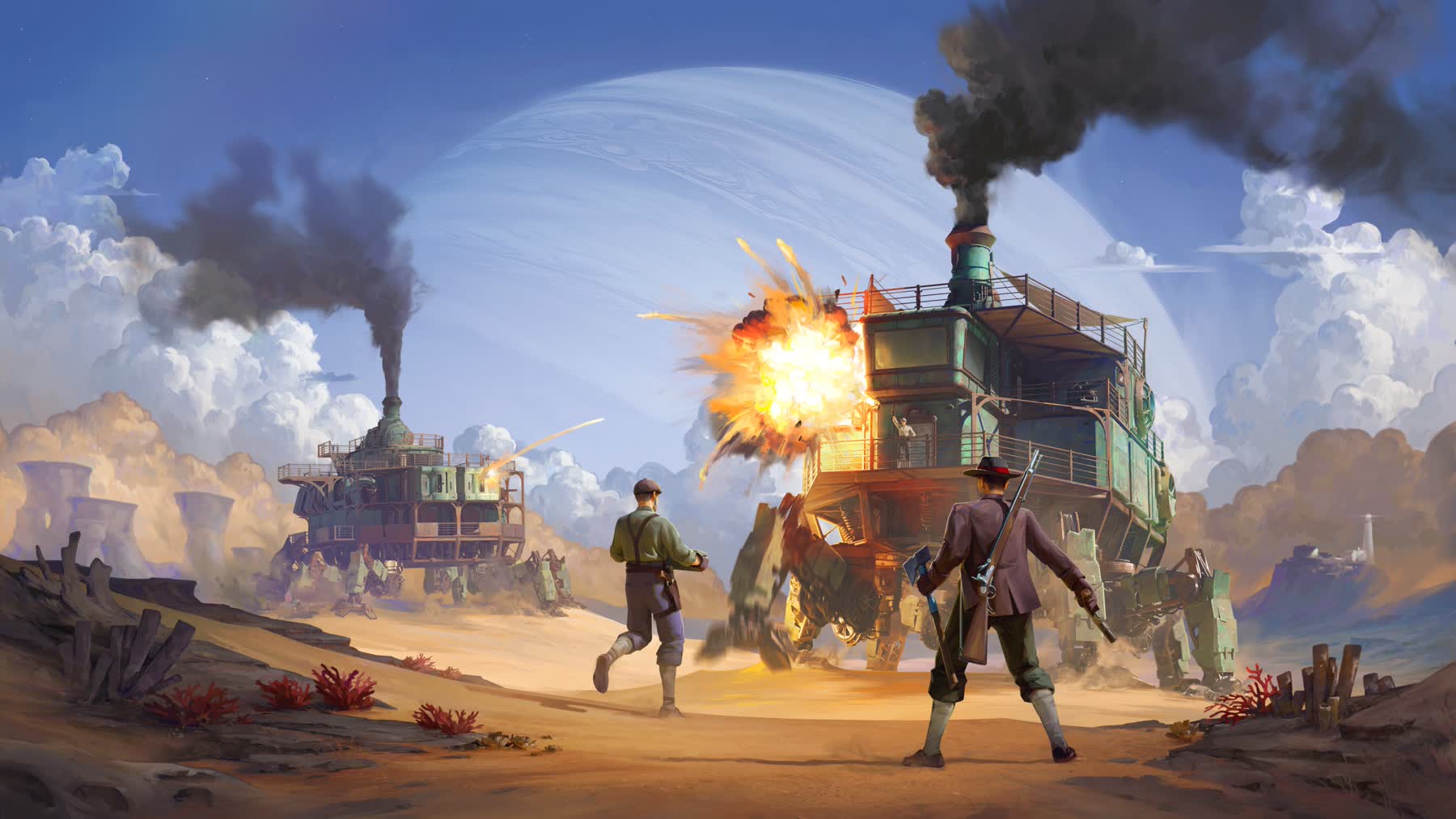 A large Trampler vehicle crosses the desert in SAND Raiders of Sophie