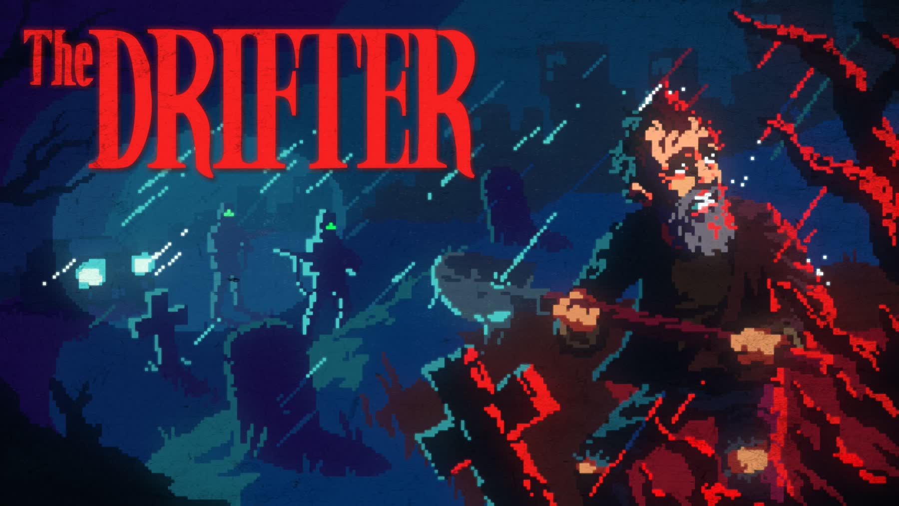 Mick Carter stands in a pixel-art scene from The Drifter