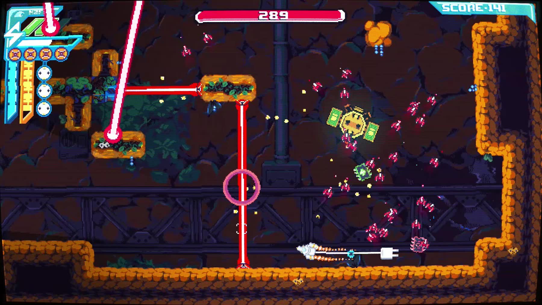 A plugged-in spaceship fires through pixel-art enemies in HYPERWIRED