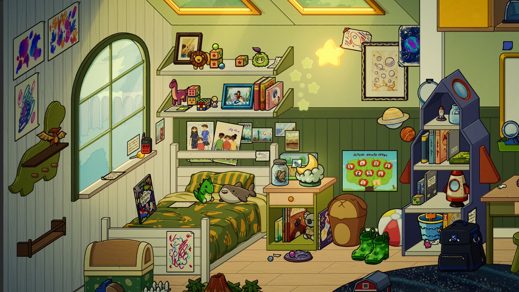 A decorated room scene in Momento with keepsakes and furniture