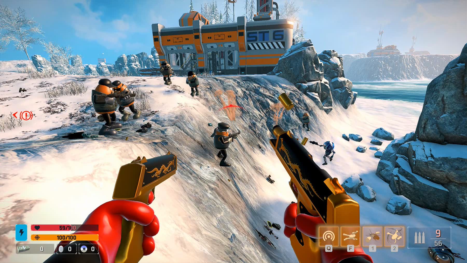 Killer Bean fires at enemies in a stylized action scene