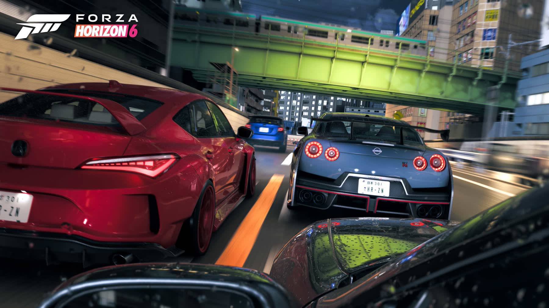 A sports car drifting through a Japanese street scene in Forza Horizon 6