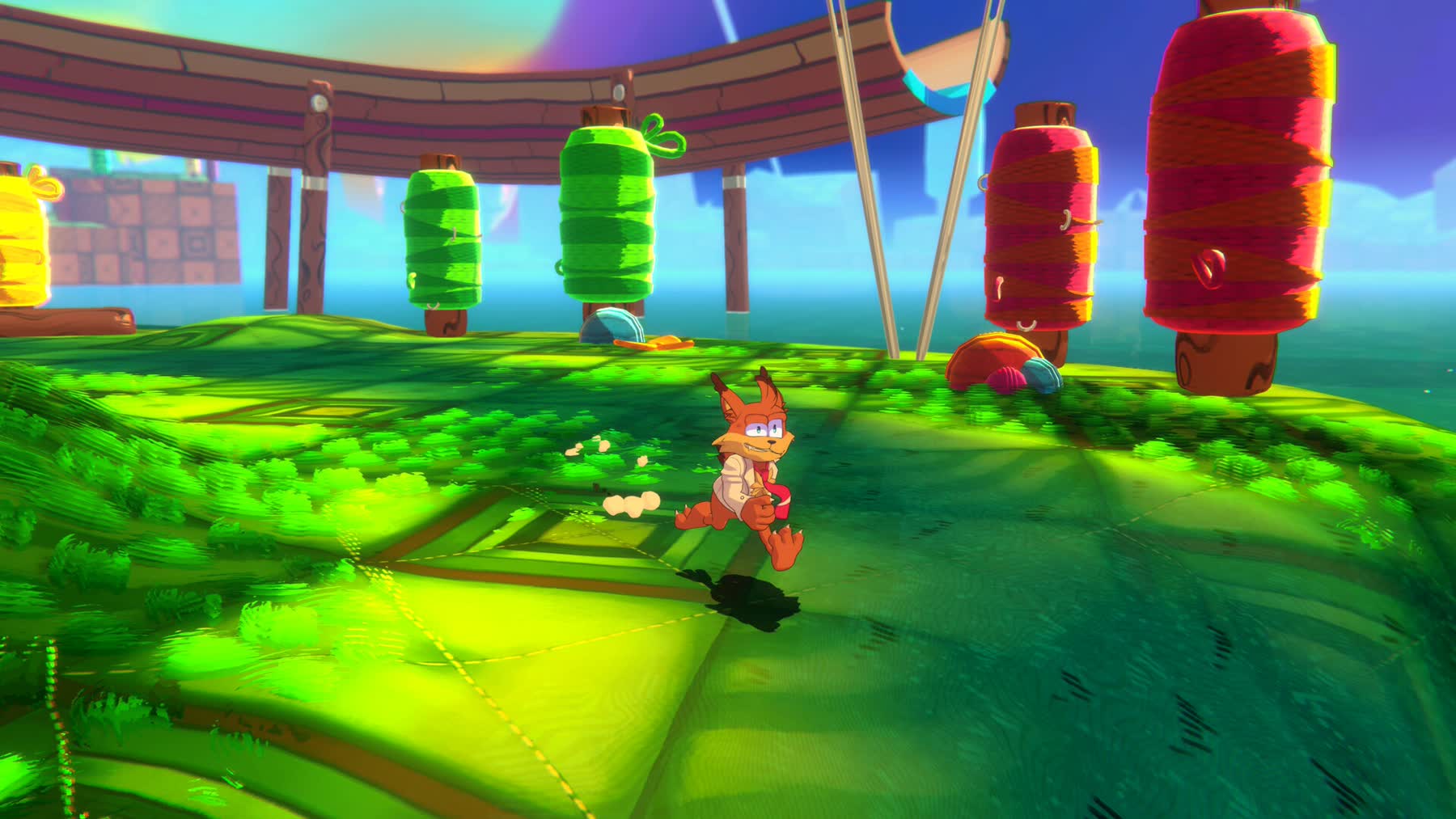 Bubsy running through a colorful 3D platforming level in Bubsy 4D