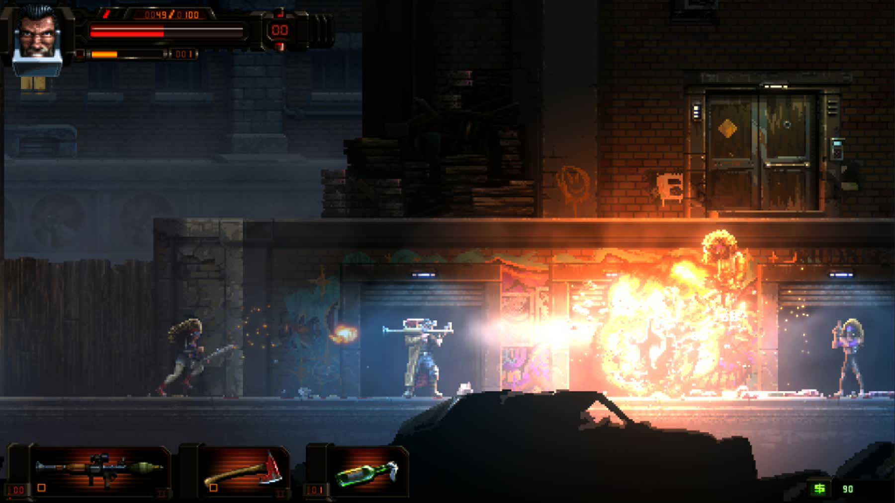 John Sawyer fighting through a pixel-art action scene in HUNTDOWN OVERTIME
