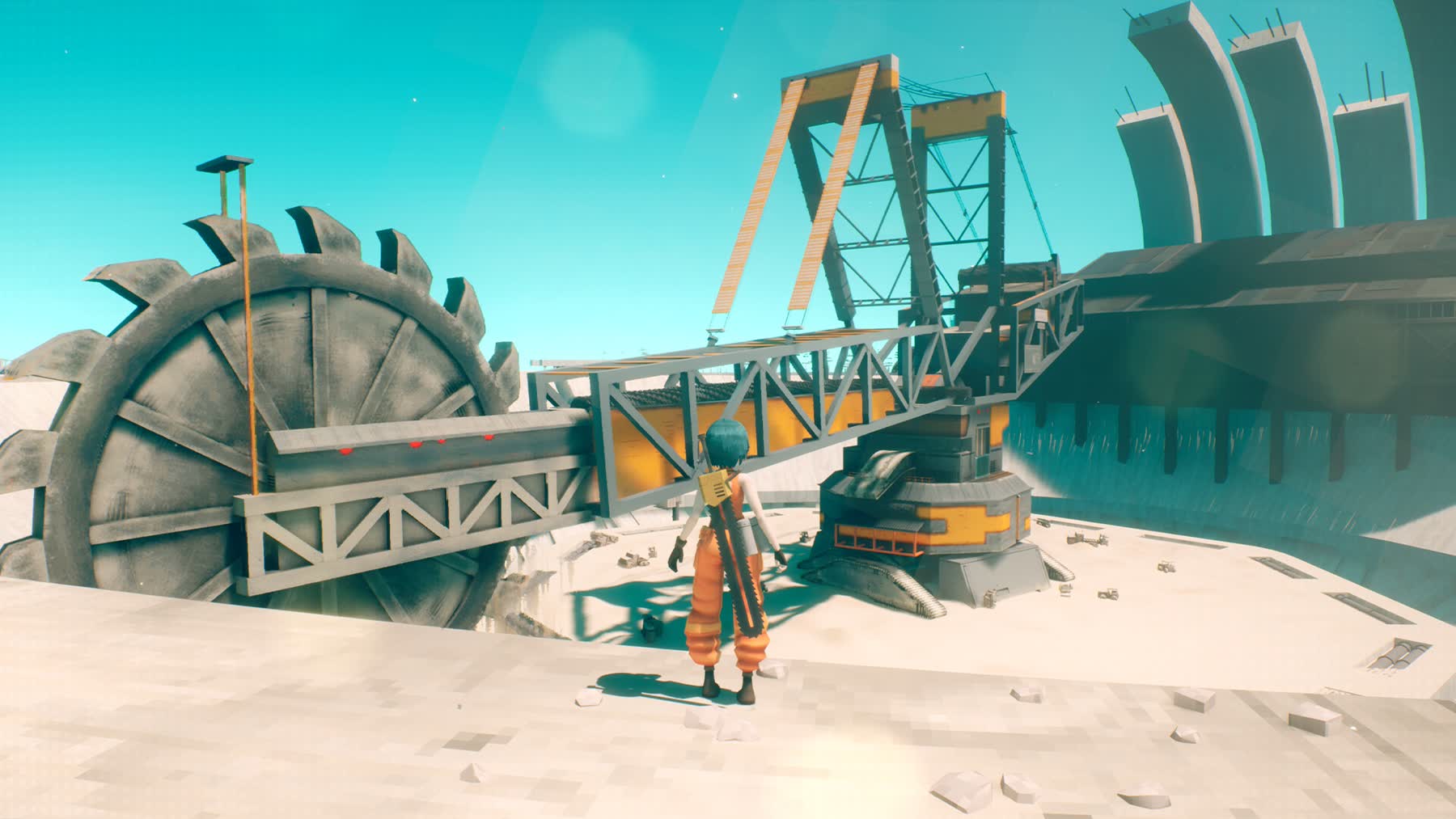 P moving through a brutalist megastructure in MOTORSLICE