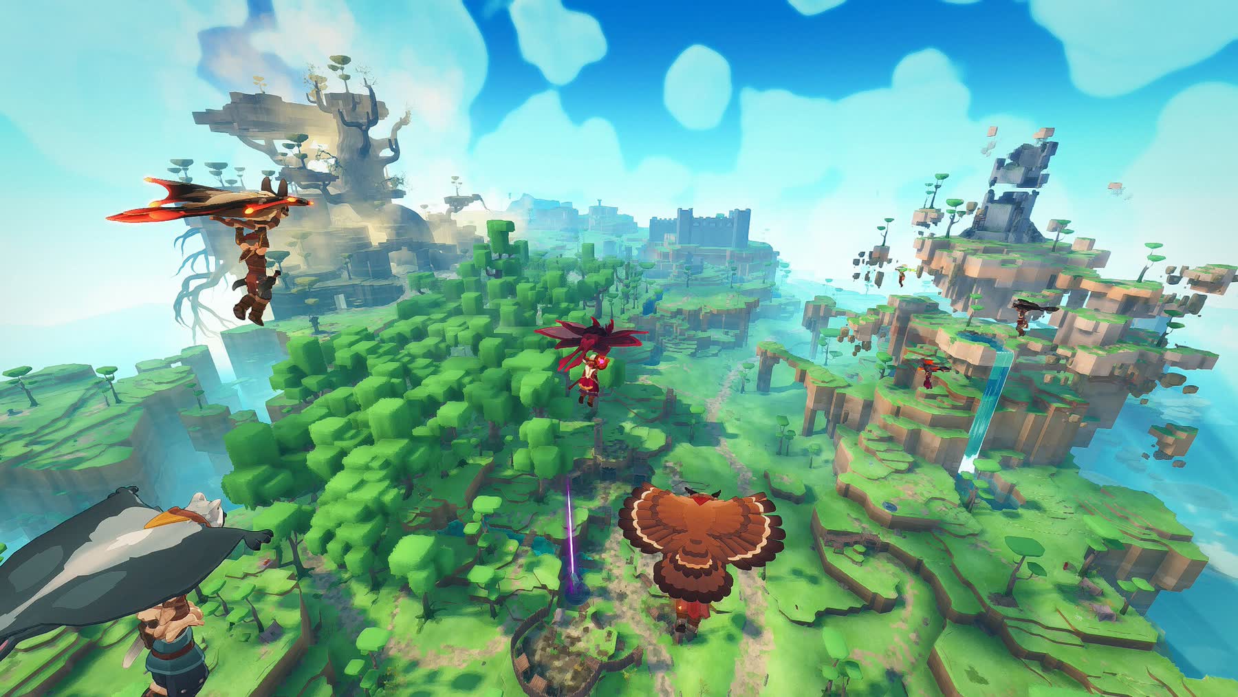 Adventurers exploring a bright fantasy landscape in Farever
