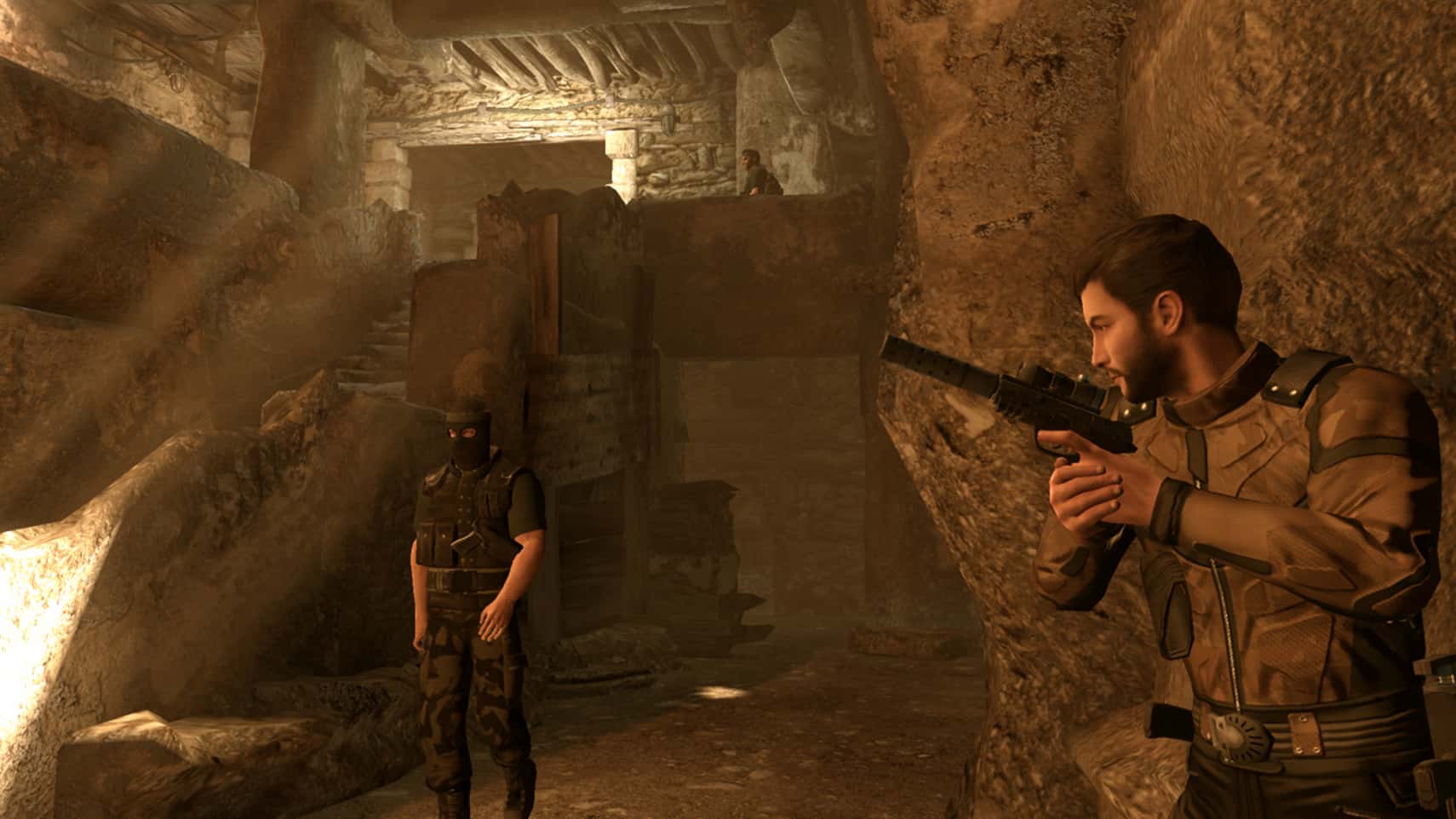 Michael Thorton sneaking through a cave with a suppressed pistol in Alpha Protocol