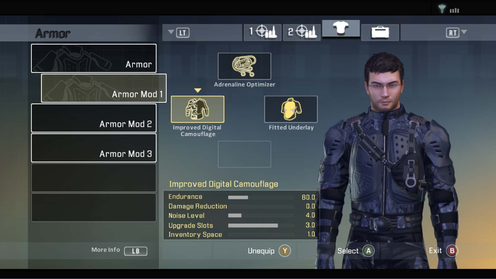 The armor equipment screen in Alpha Protocol showing gear mods and tactical armor