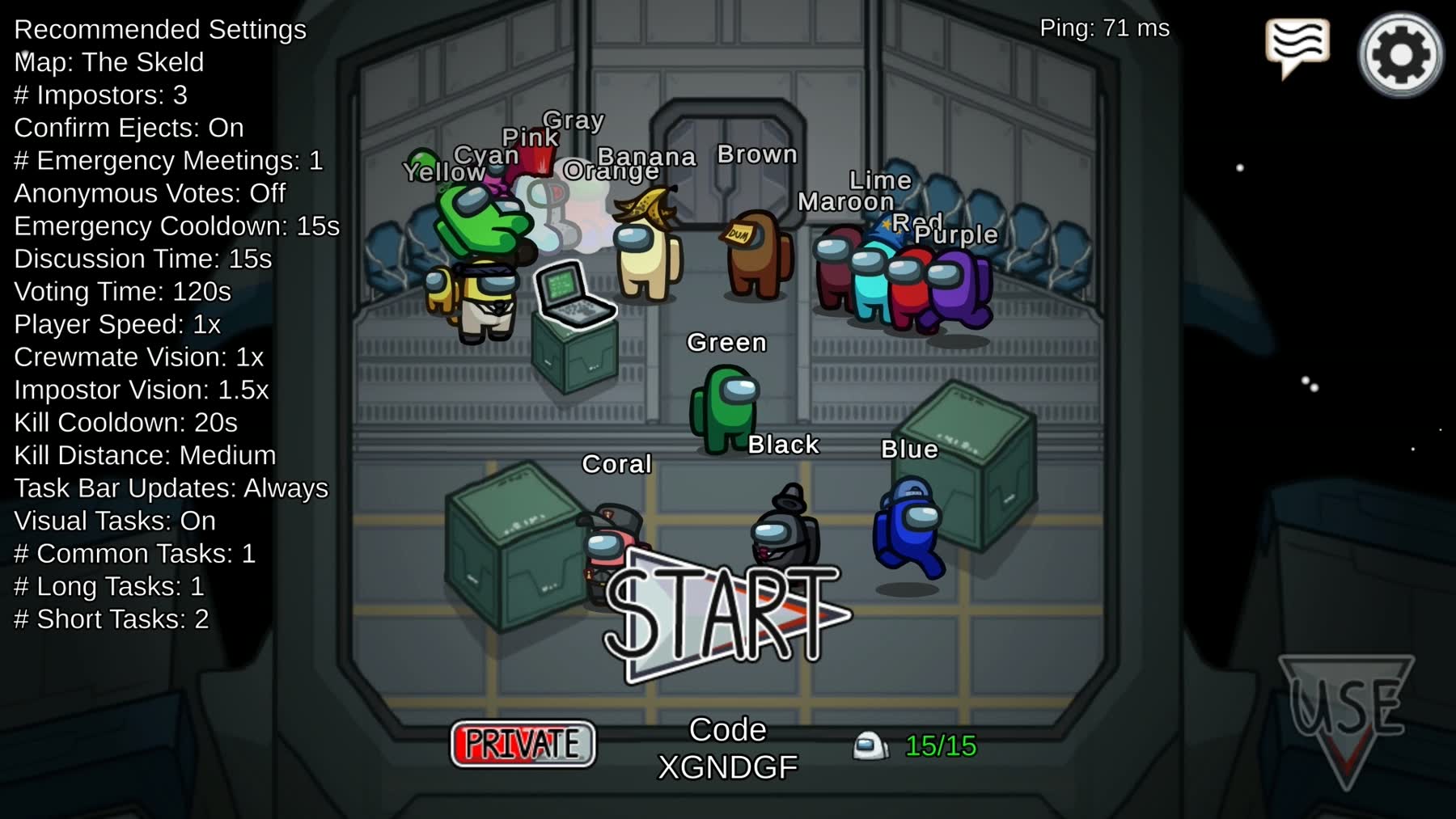 Crewmates gather in an Among Us lobby before a match.