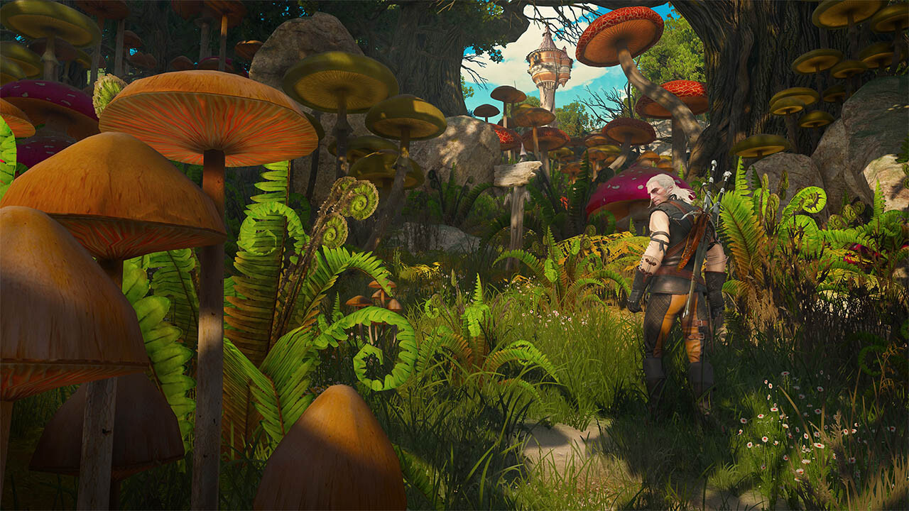 Geralt explores a giant mushroom forest in The Witcher 3 Blood and Wine